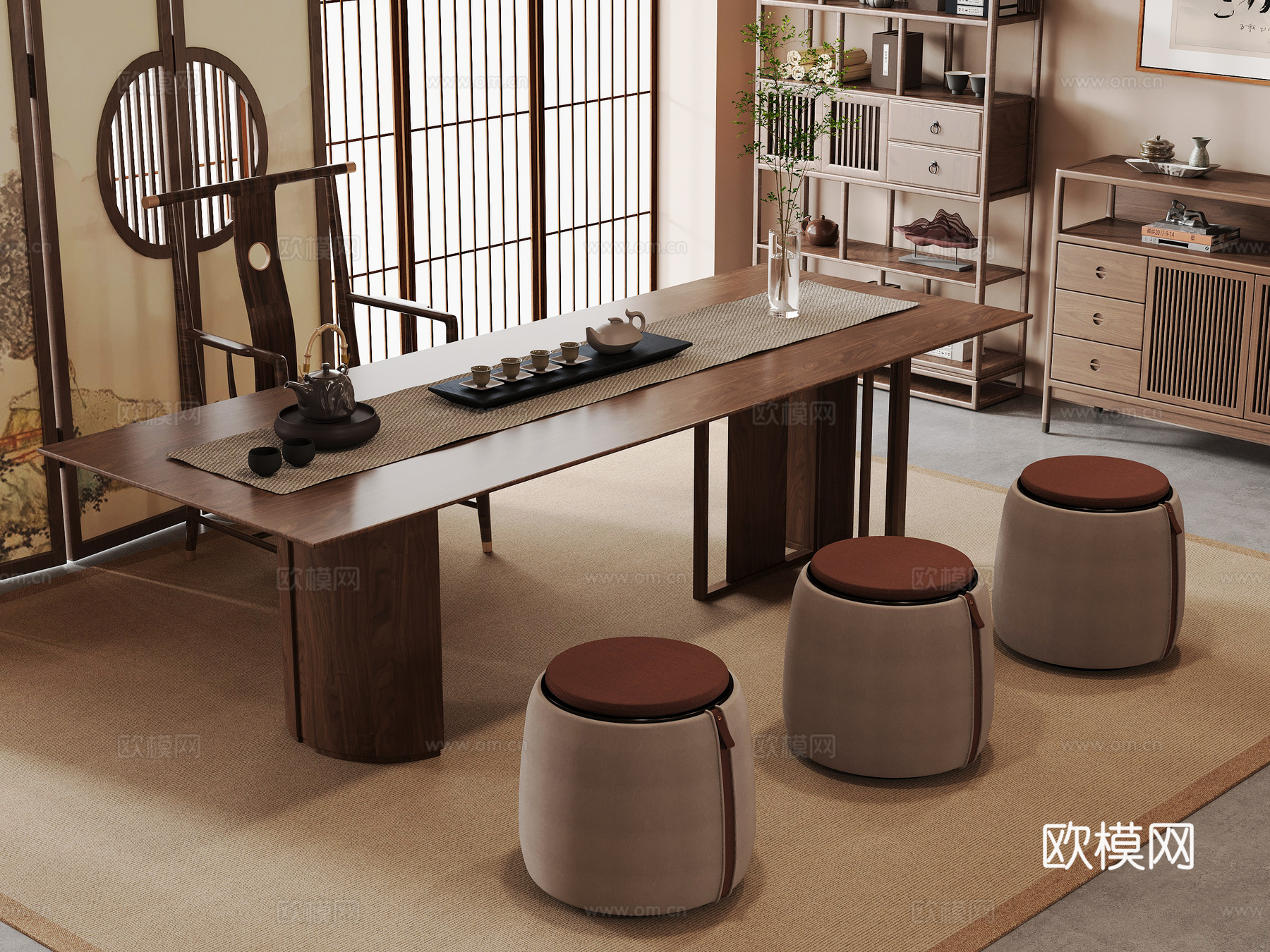 新中式茶室 茶桌椅su模型
