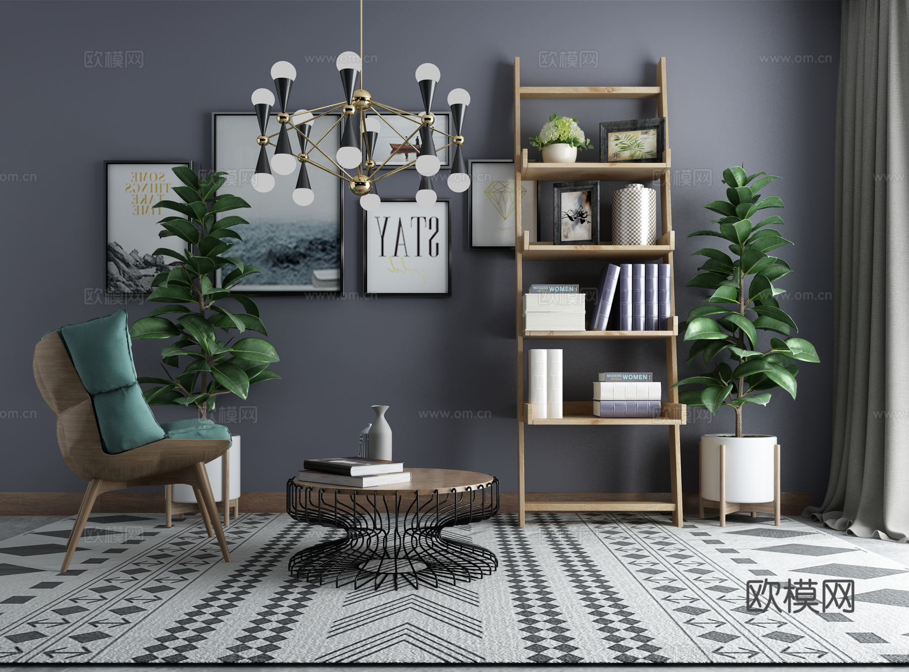 新中式沙发茶几组合3d模型下载（渲染图1）