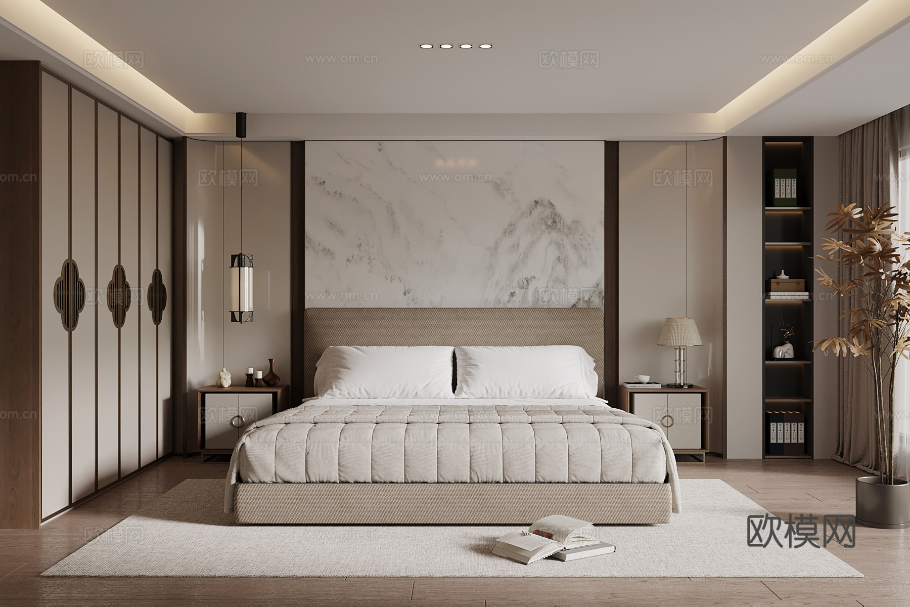 新中式卧室 双人床 衣柜su模型