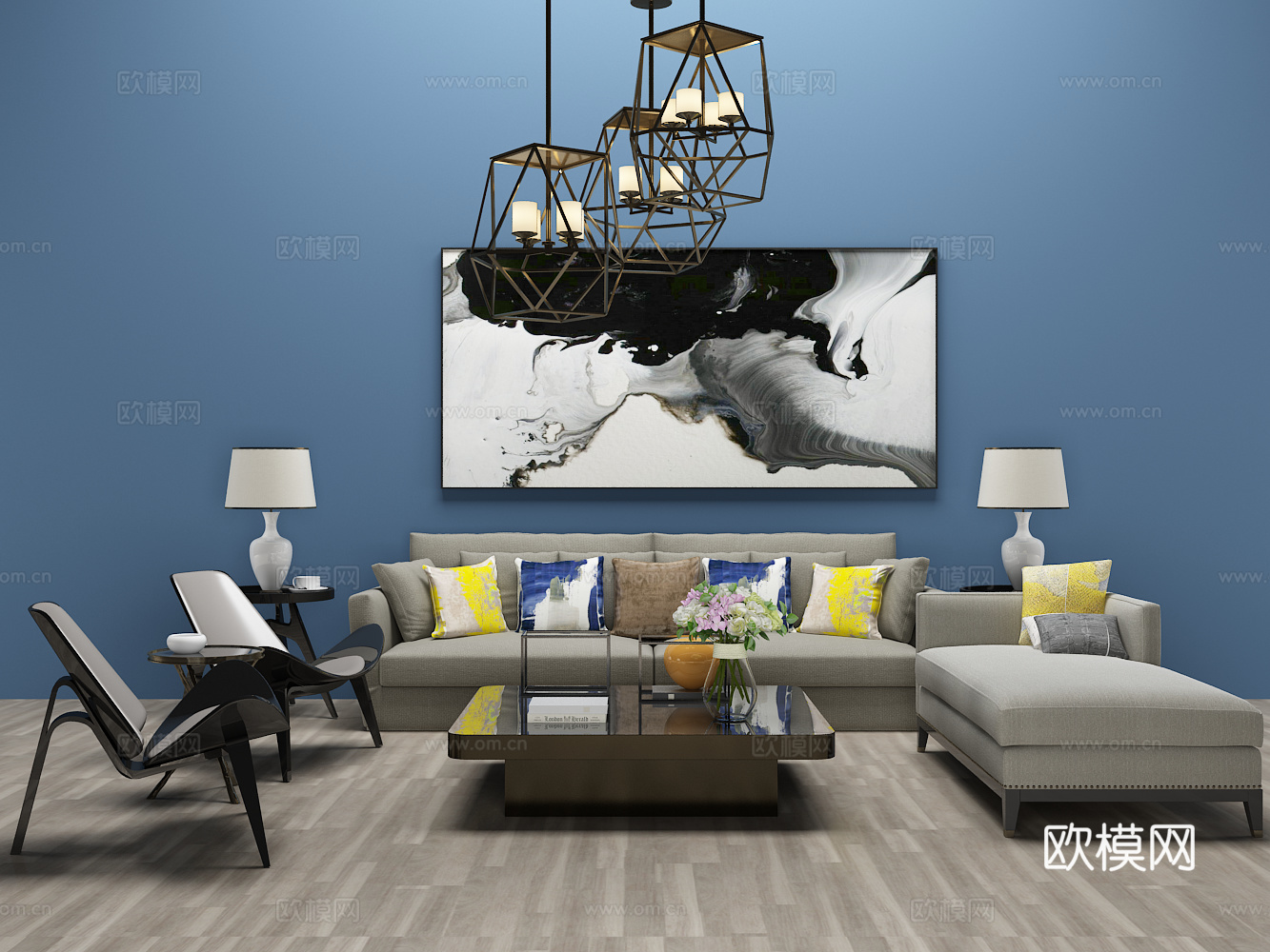 北欧沙发茶几 装饰画 吊灯 单椅3d模型下载（渲染图1）
