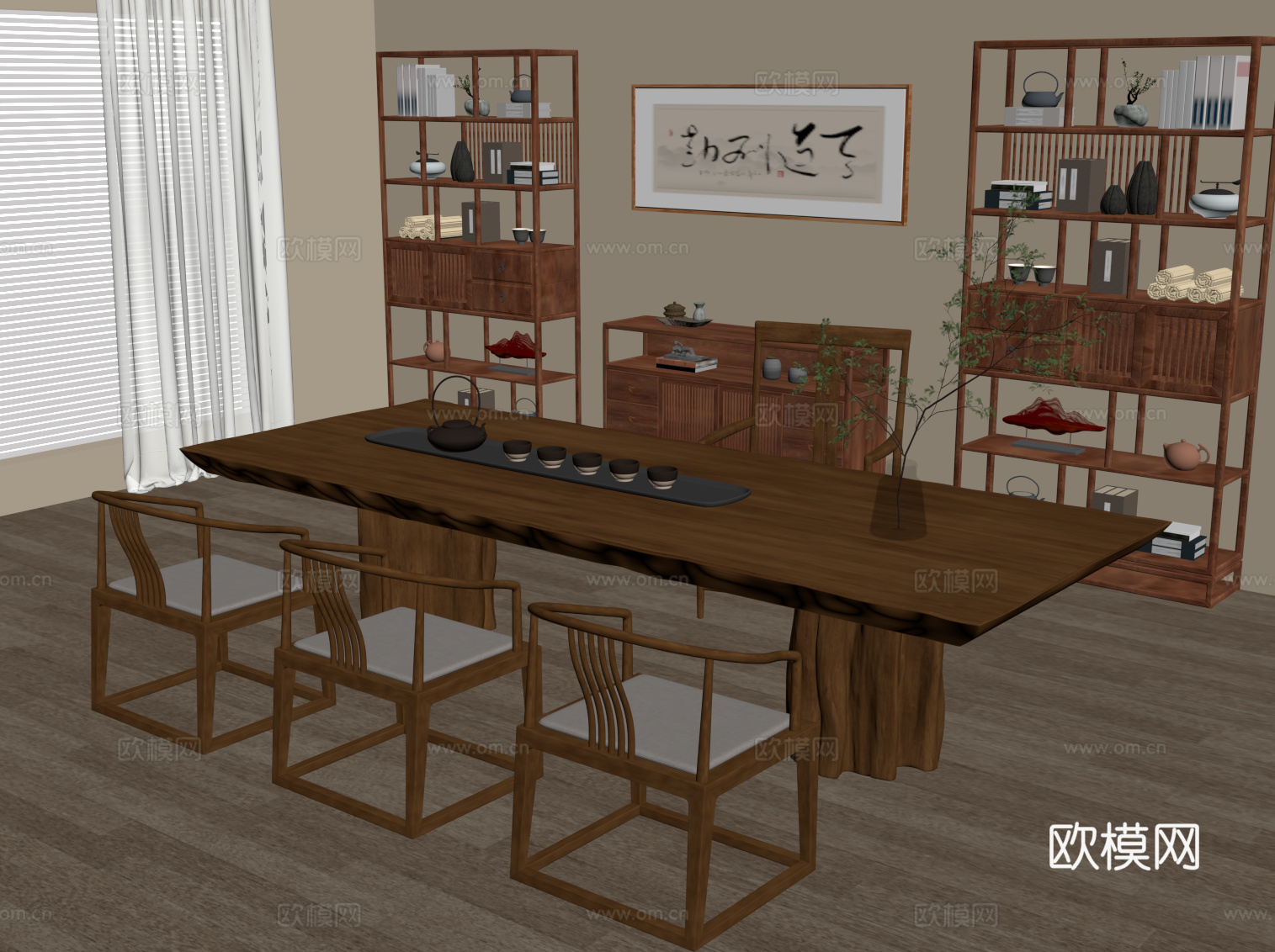 新中式茶室 茶桌椅 博古架su模型