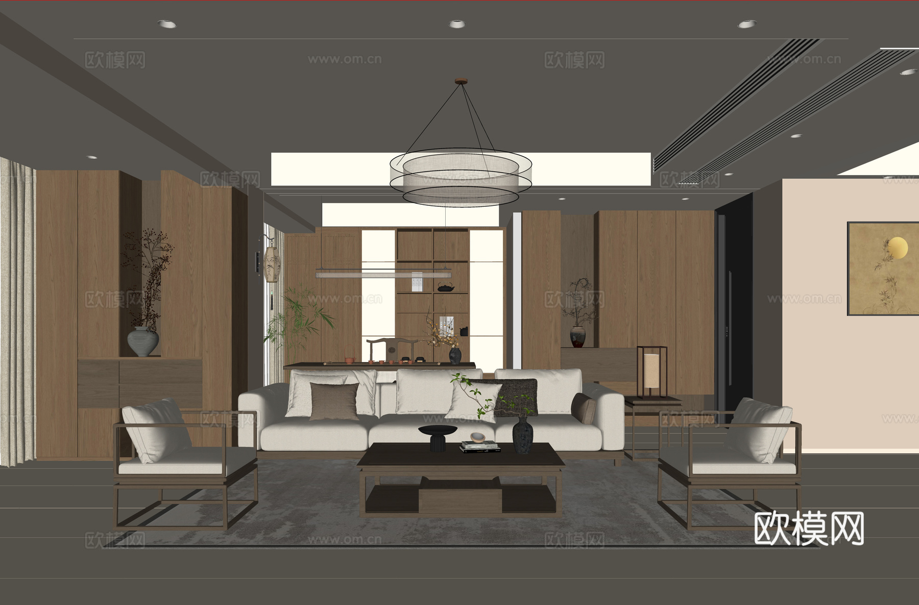 宋式美学客厅 新中式客厅 沙发茶几组合宋式茶室 电视背景墙su模型