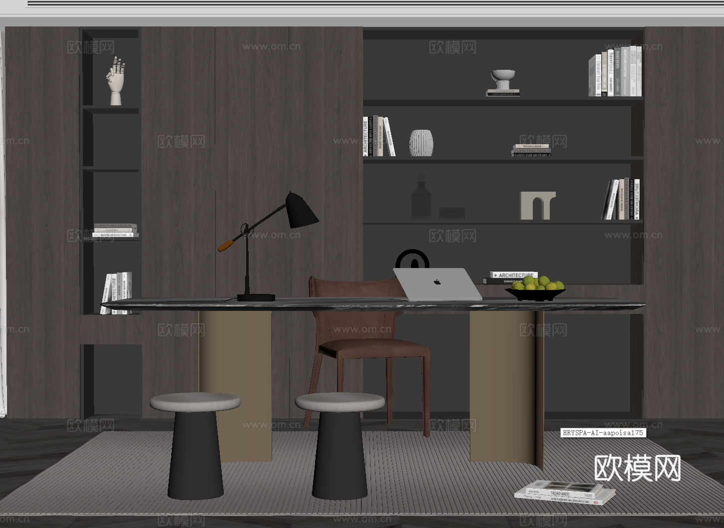 意式书房 书桌椅 书柜su模型