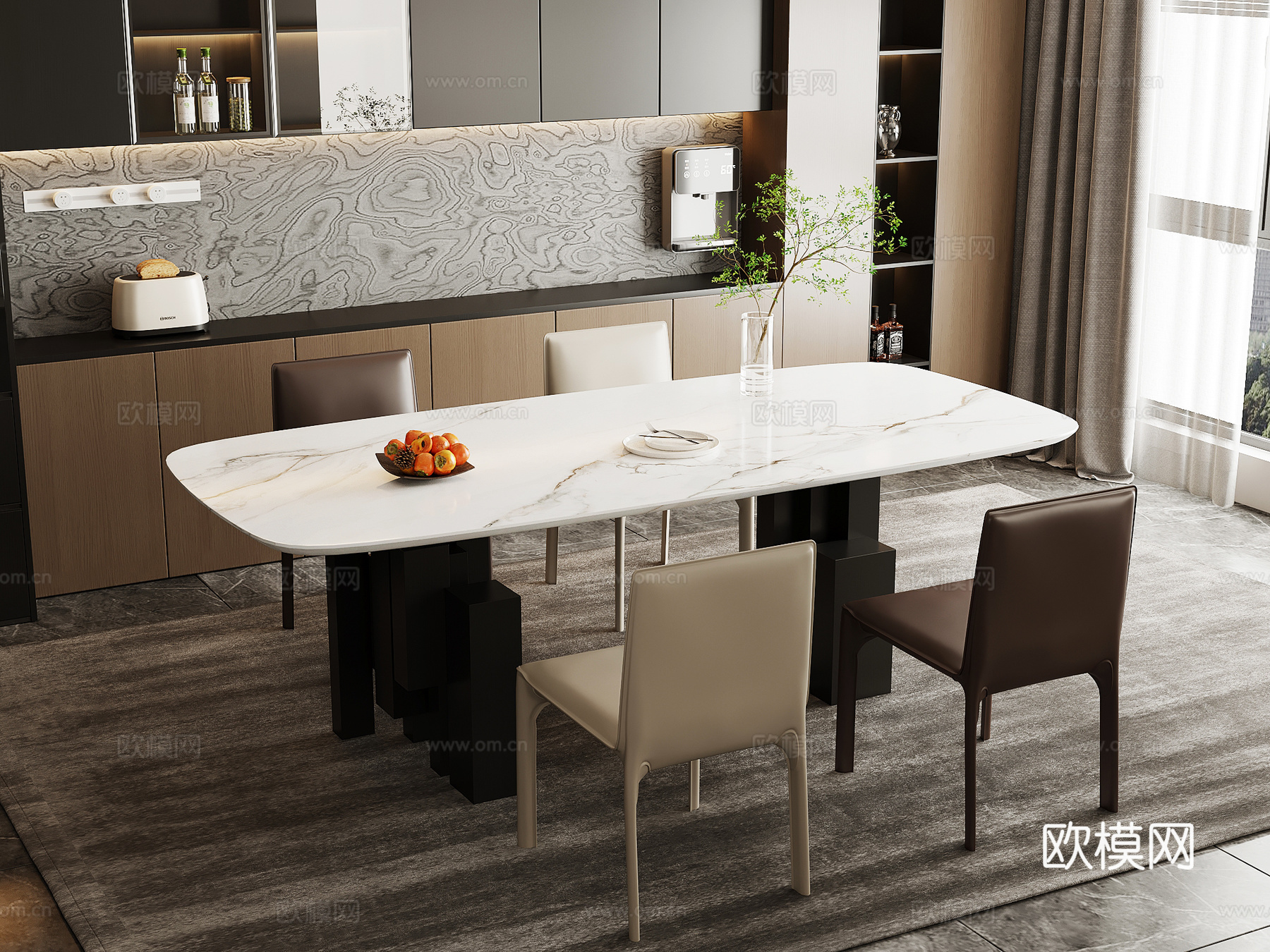 现代意式餐厅 餐桌椅 餐边柜su模型