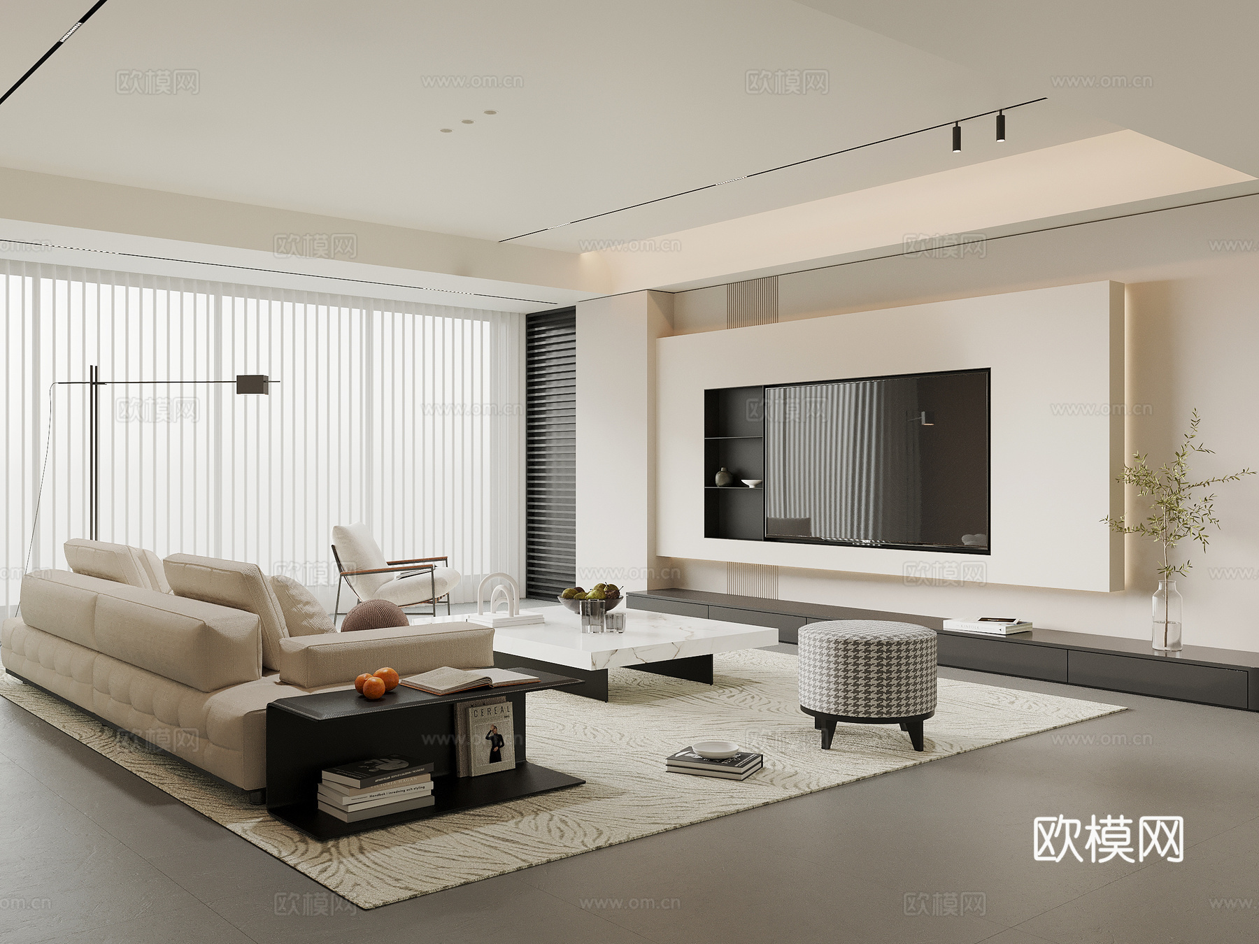 现代客厅 电视背景墙 沙发茶几组合su模型