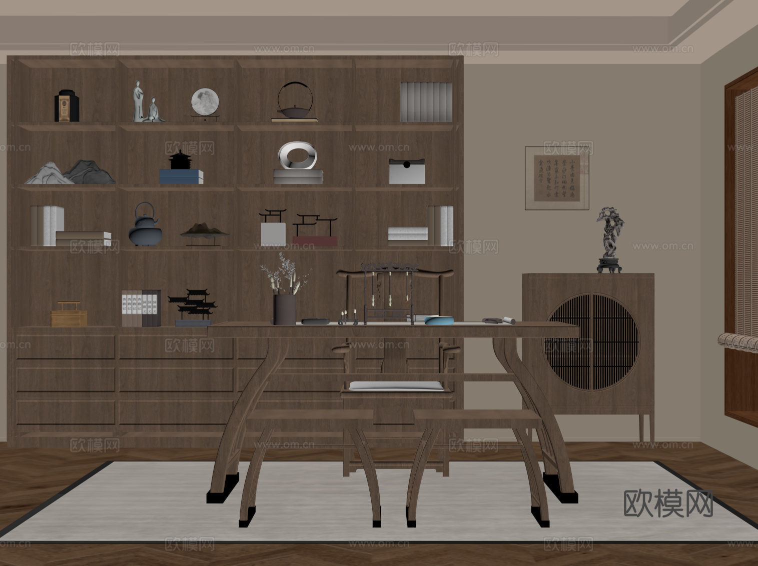 新中式书房 书柜 书桌椅su模型