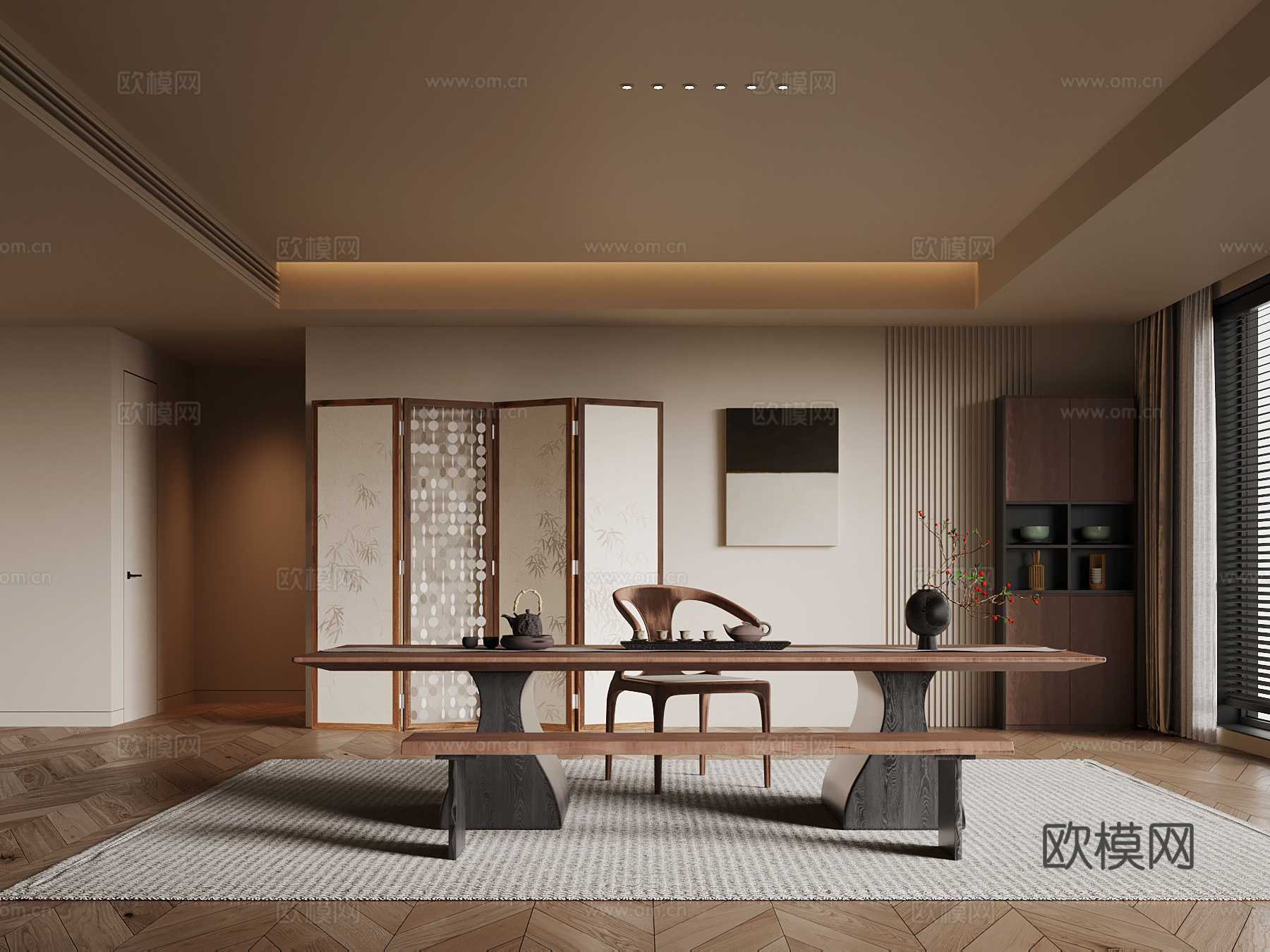 中古风茶室 茶桌椅 茶柜su模型
