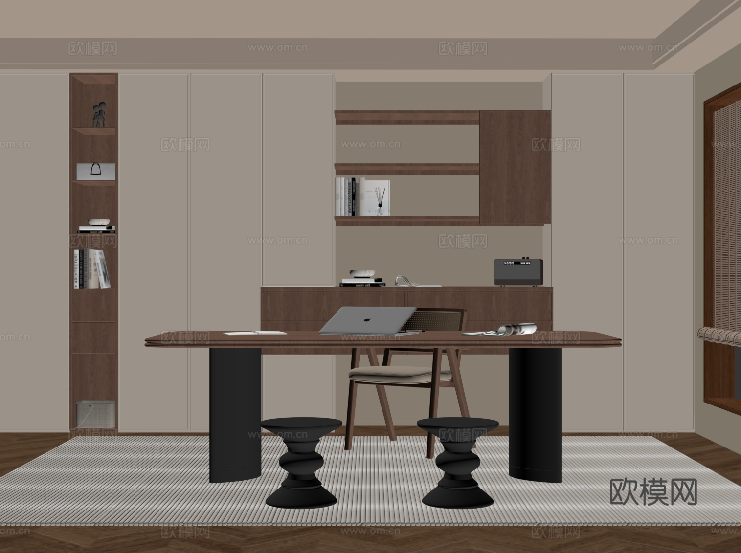 中古风书房 书柜 书桌椅su模型
