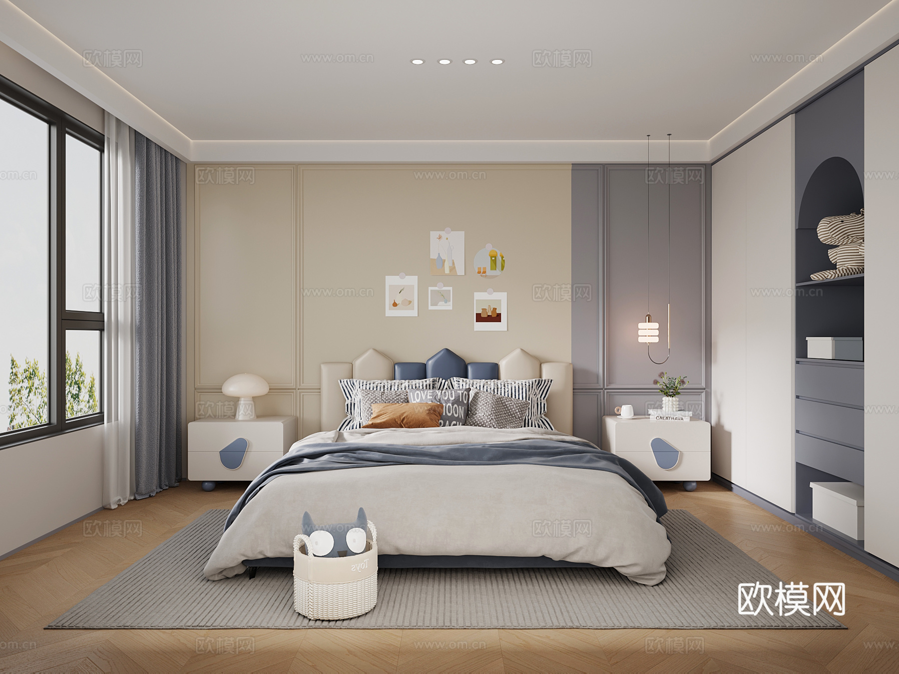 现代儿童房 男孩房 双人床 衣柜su模型