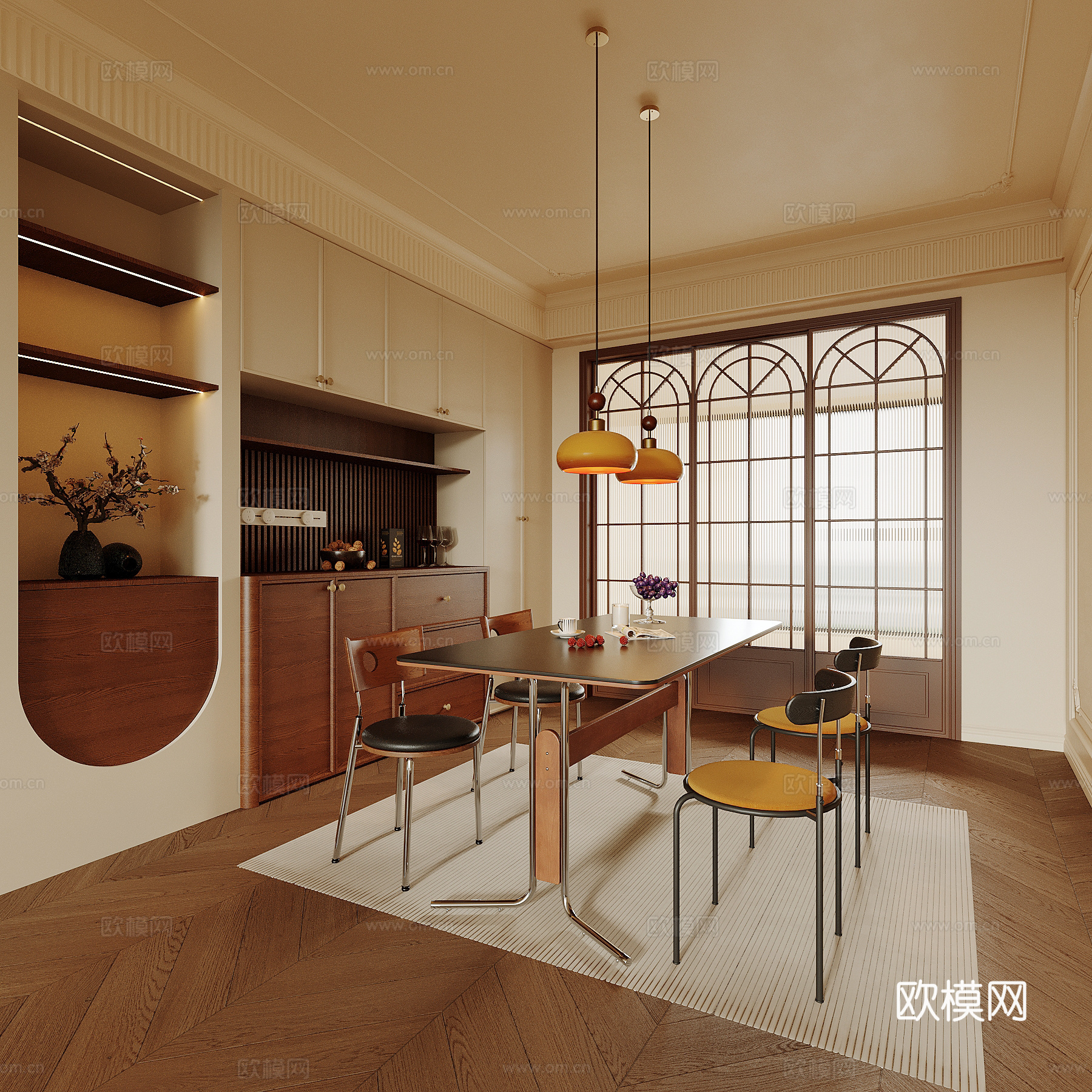 中古风餐厅 餐桌椅su模型