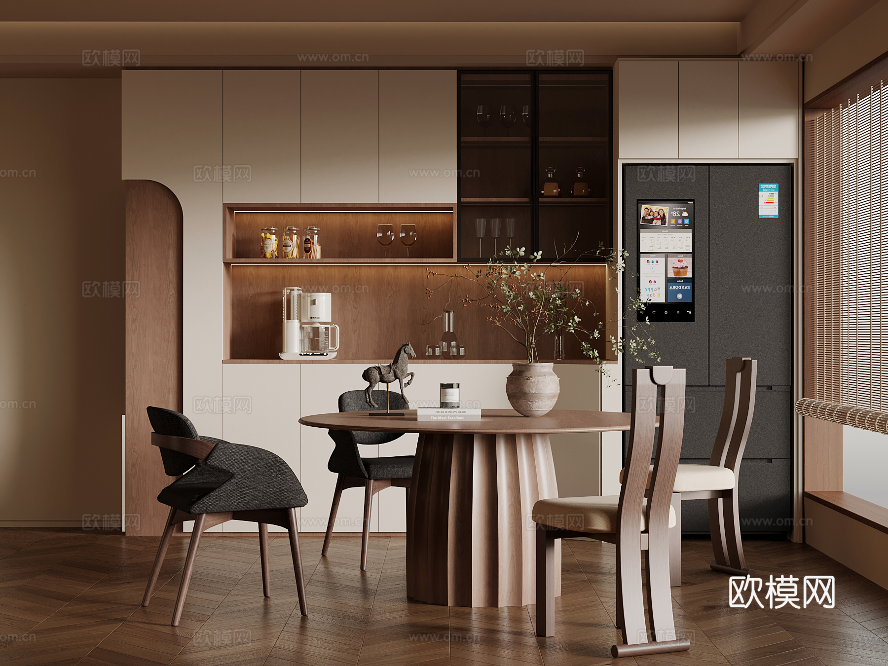 中古风餐厅 餐边柜 餐桌椅 圆桌su模型