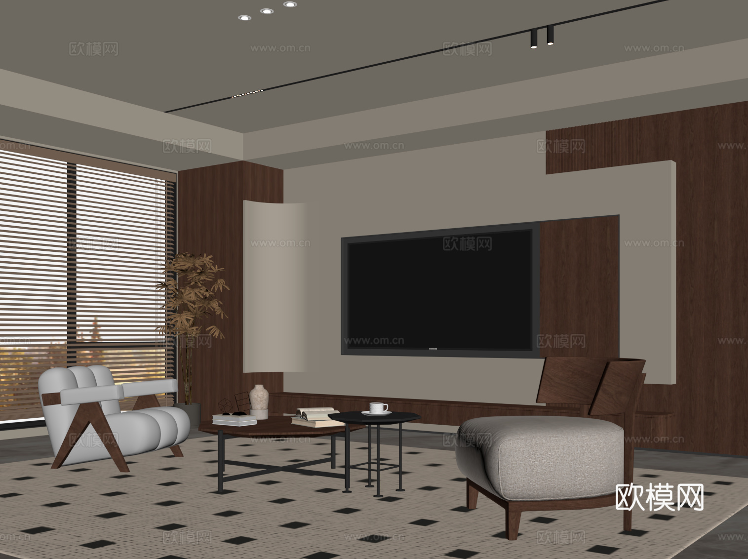中古风客厅 电视背景墙 沙发茶几组合su模型
