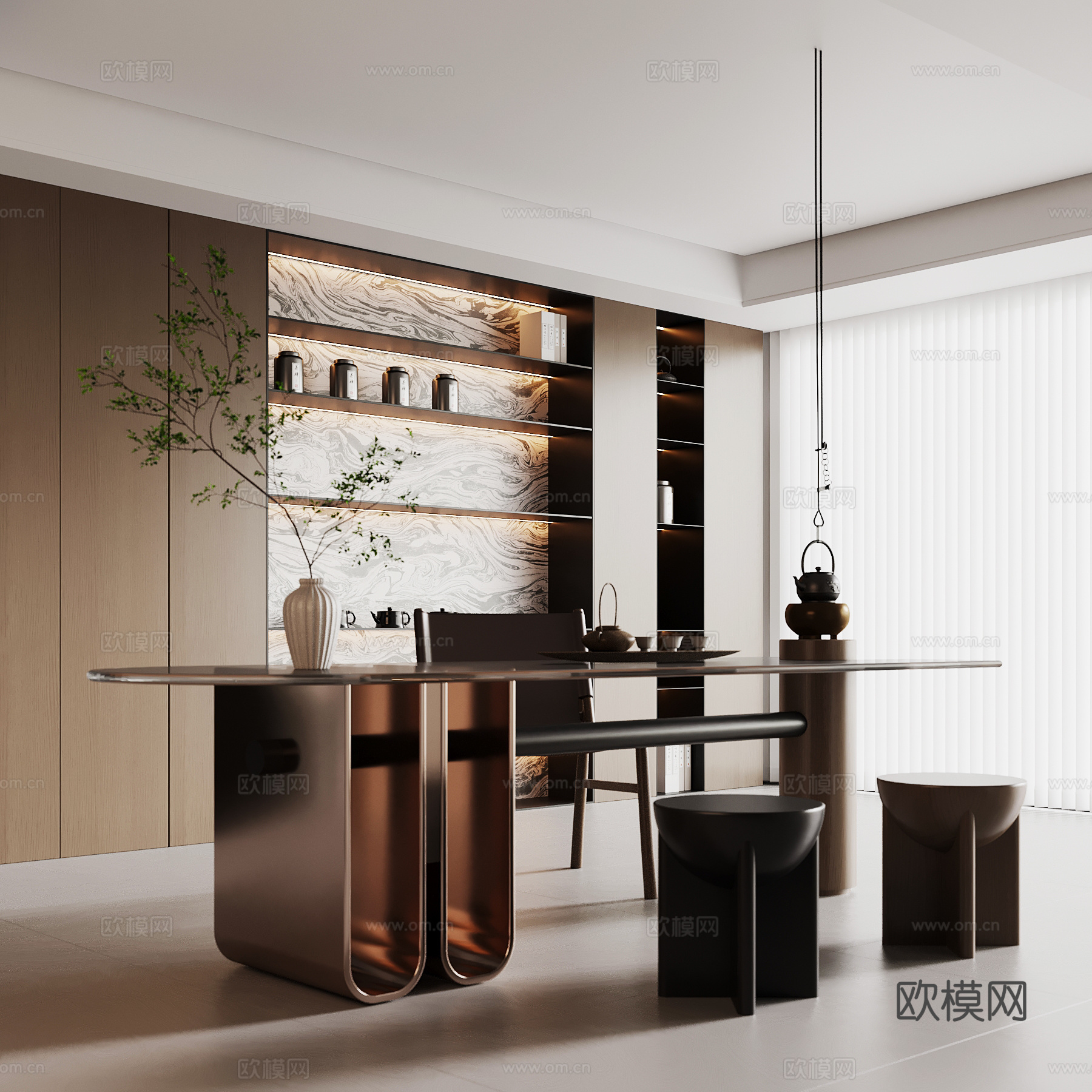 现代意式茶室 茶桌椅 茶柜su模型