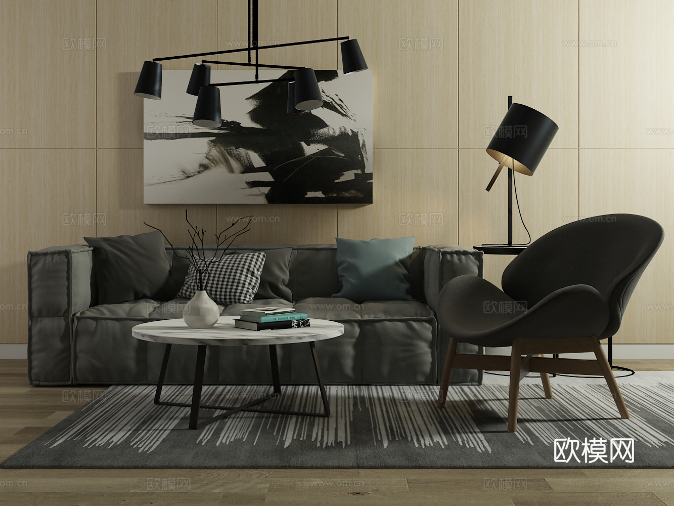 北欧沙发 茶几 单椅 装饰画 吊灯3d模型下载（渲染图2）