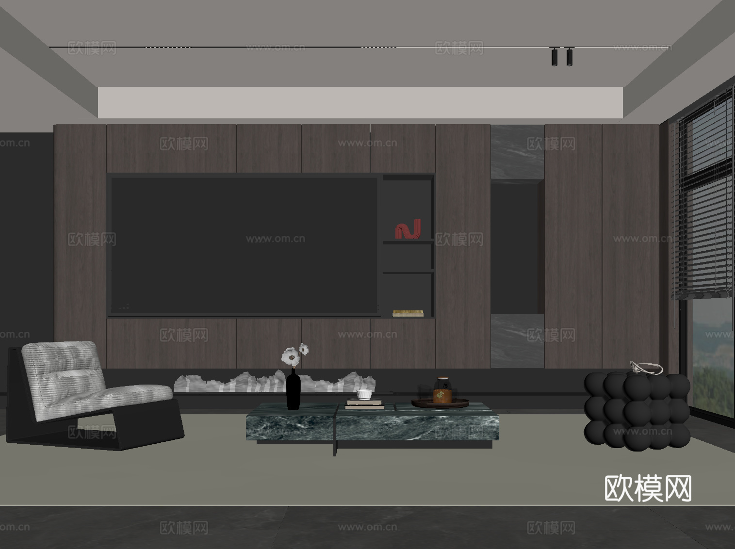 现代意式客厅 电视背景墙 沙发茶几组合su模型