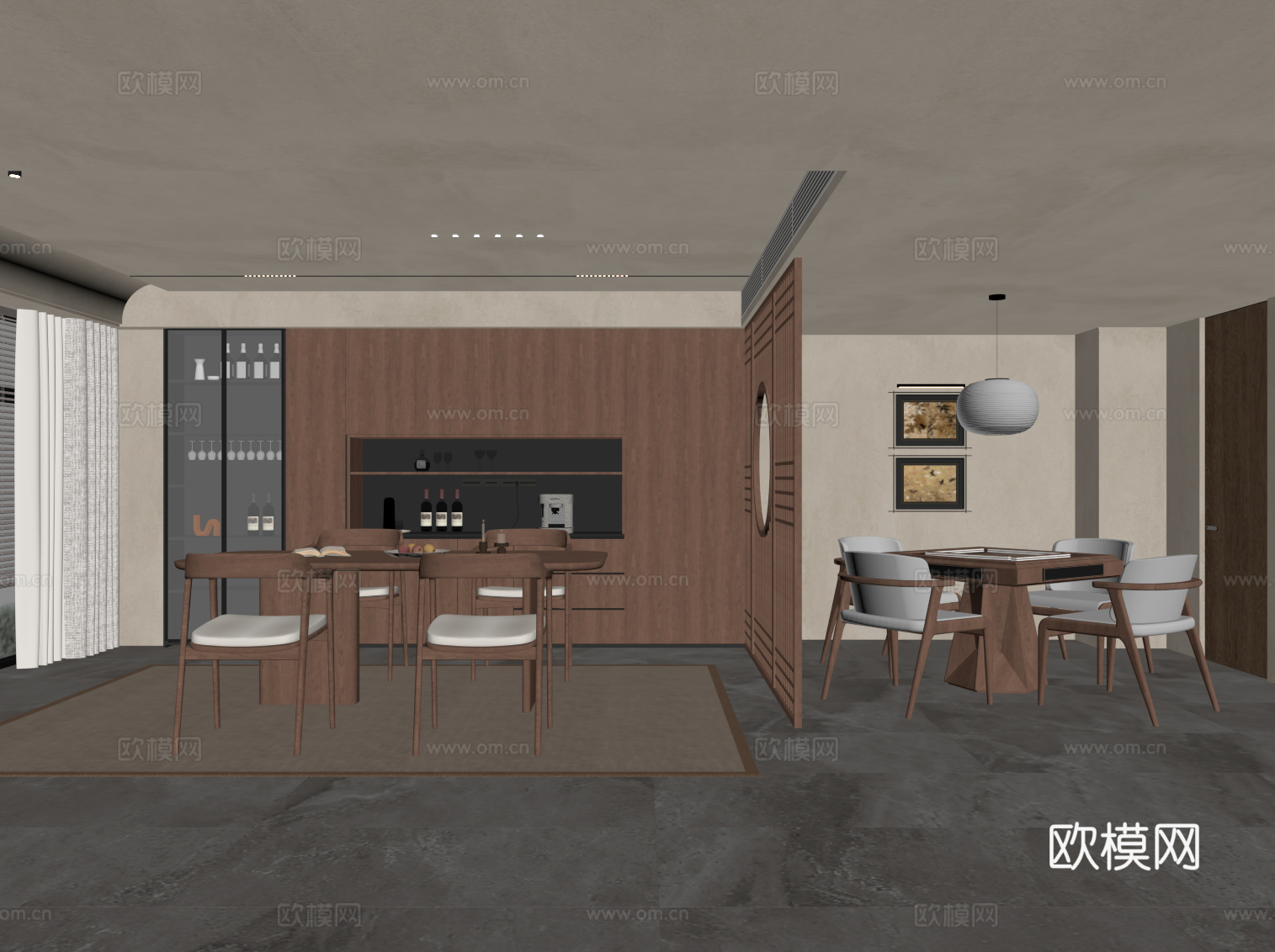 中古风包厢 餐桌椅 餐边柜 麻将桌su模型