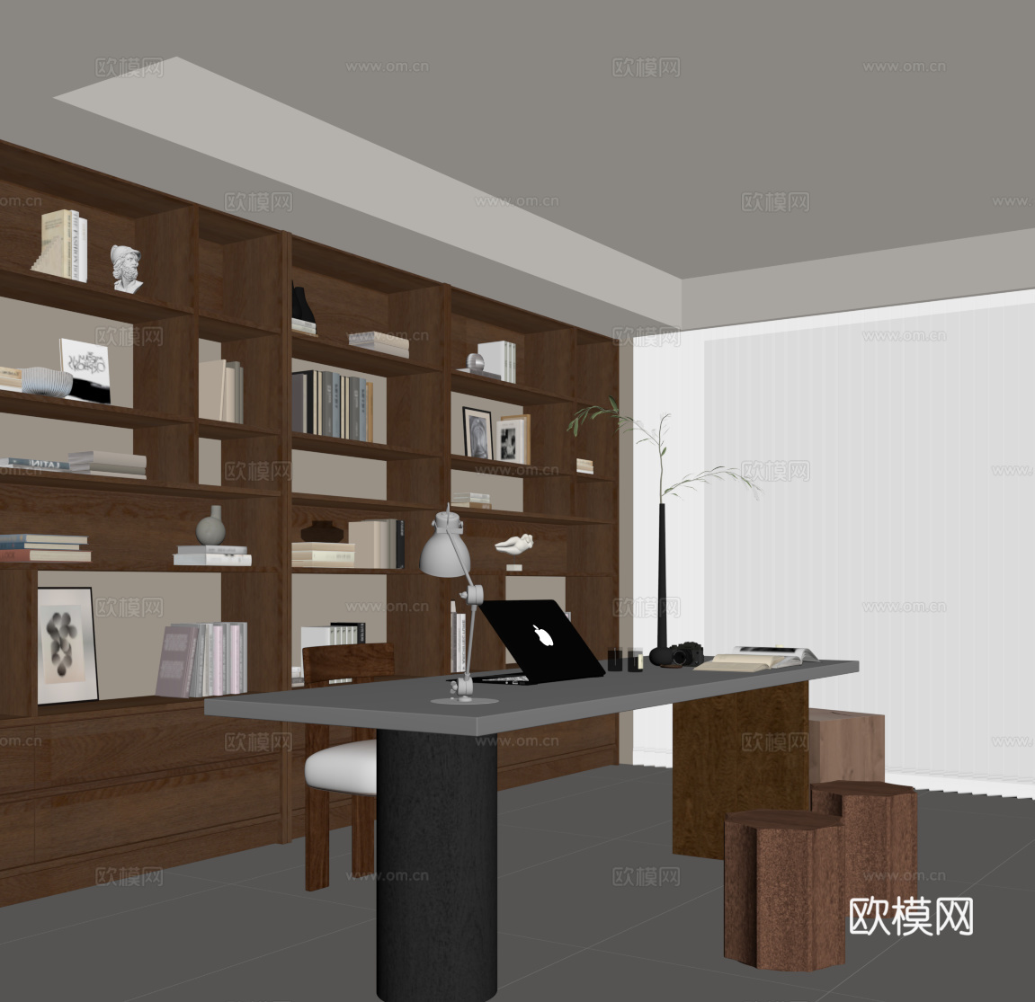 中古风书房 书桌椅 书柜su模型
