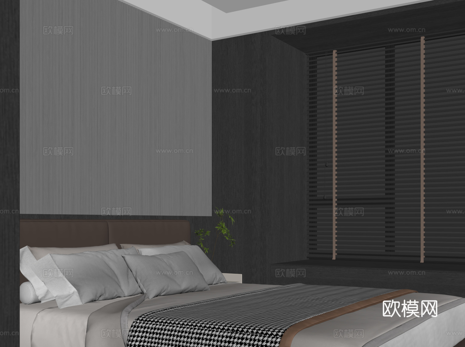 现代意式卧室 双人床su模型