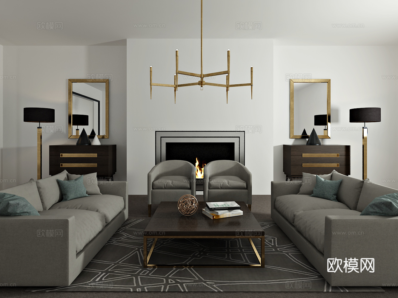 现代沙发 茶几 吊灯 装饰画3d模型下载（渲染图2）