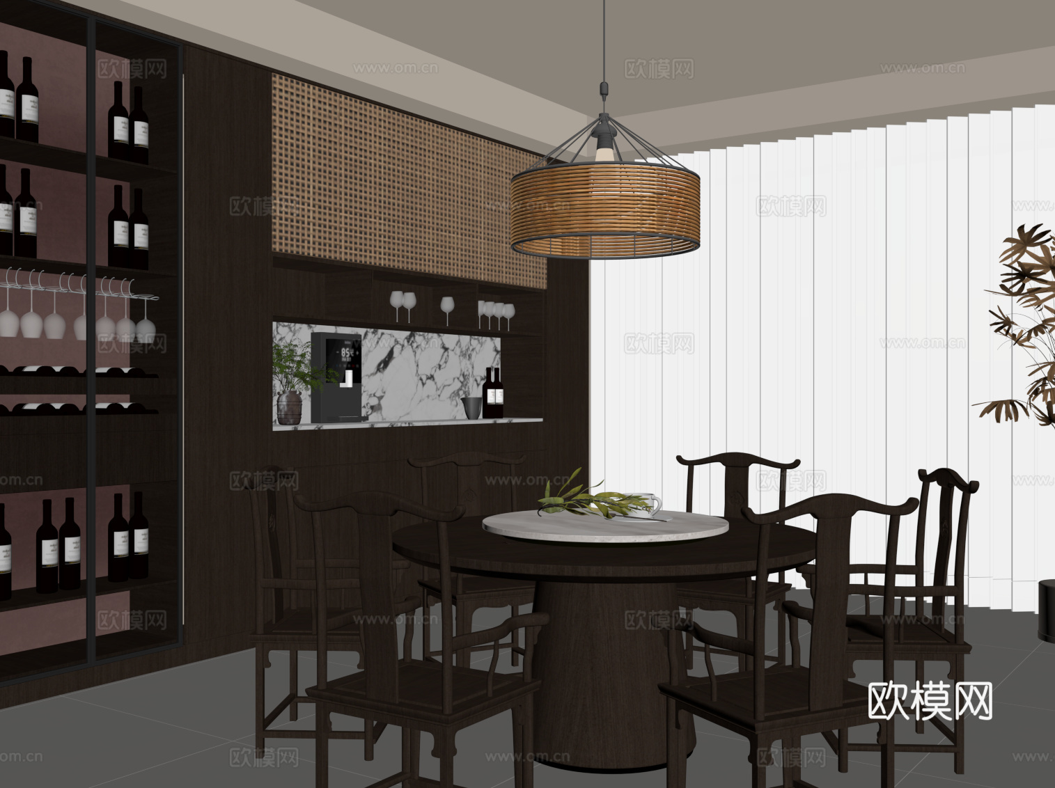新中式餐厅 餐桌椅 酒柜su模型