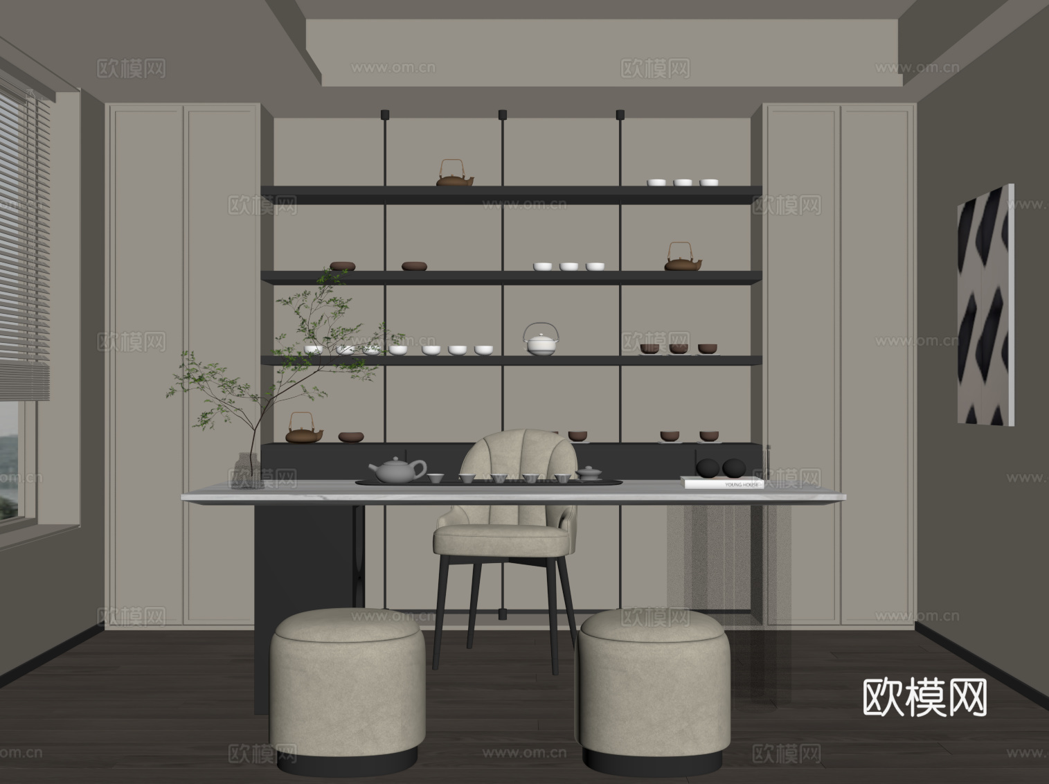现代茶室 茶桌椅 茶柜su模型