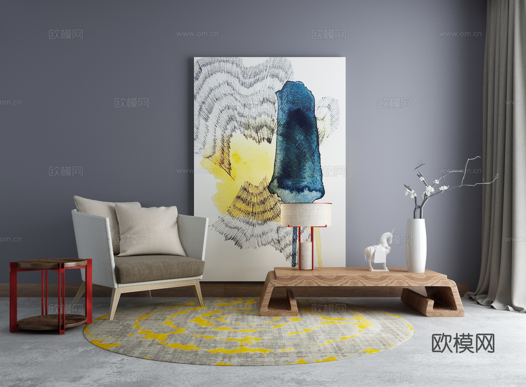 现代禅意沙发茶几组合3d模型