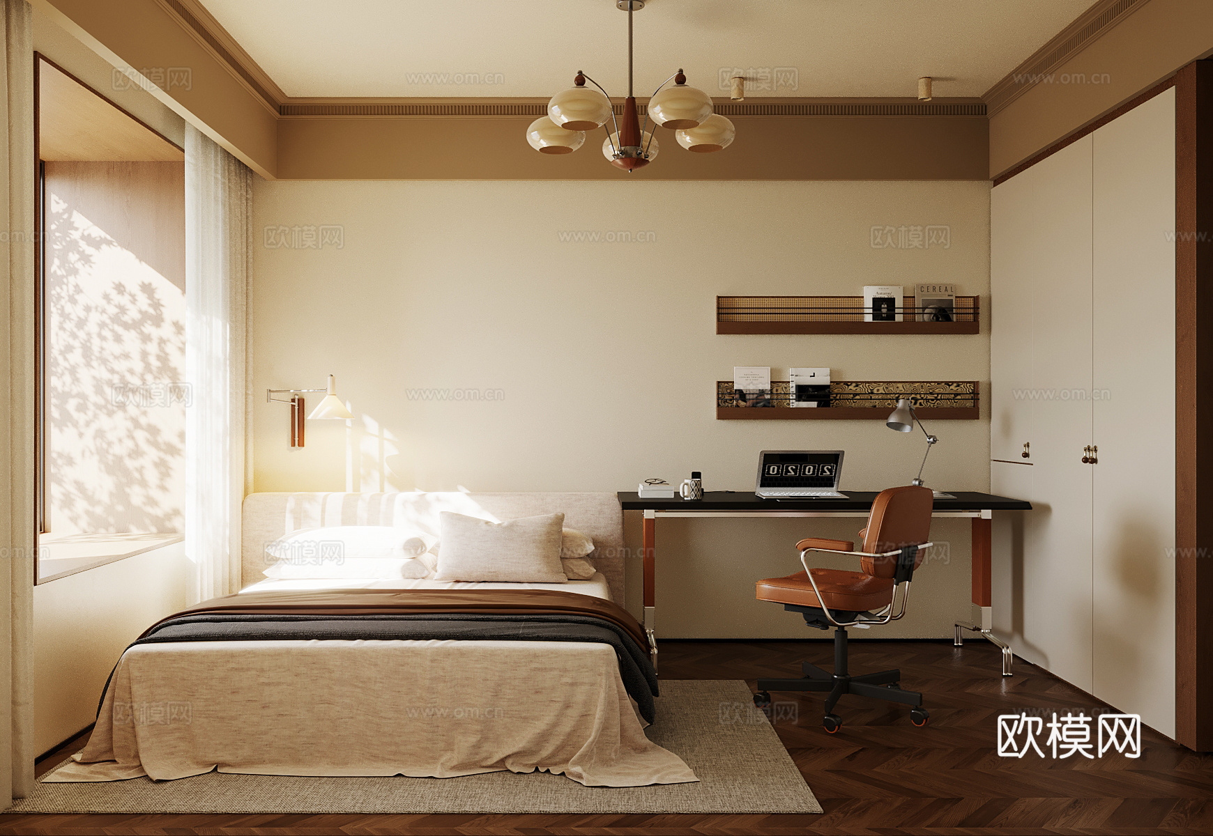 中古风卧室 双人床su模型