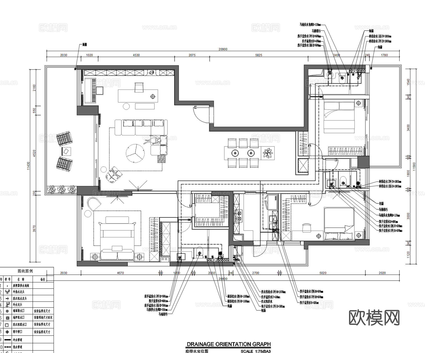200平方现代简约风深圳住宅室内施工图cad施工图