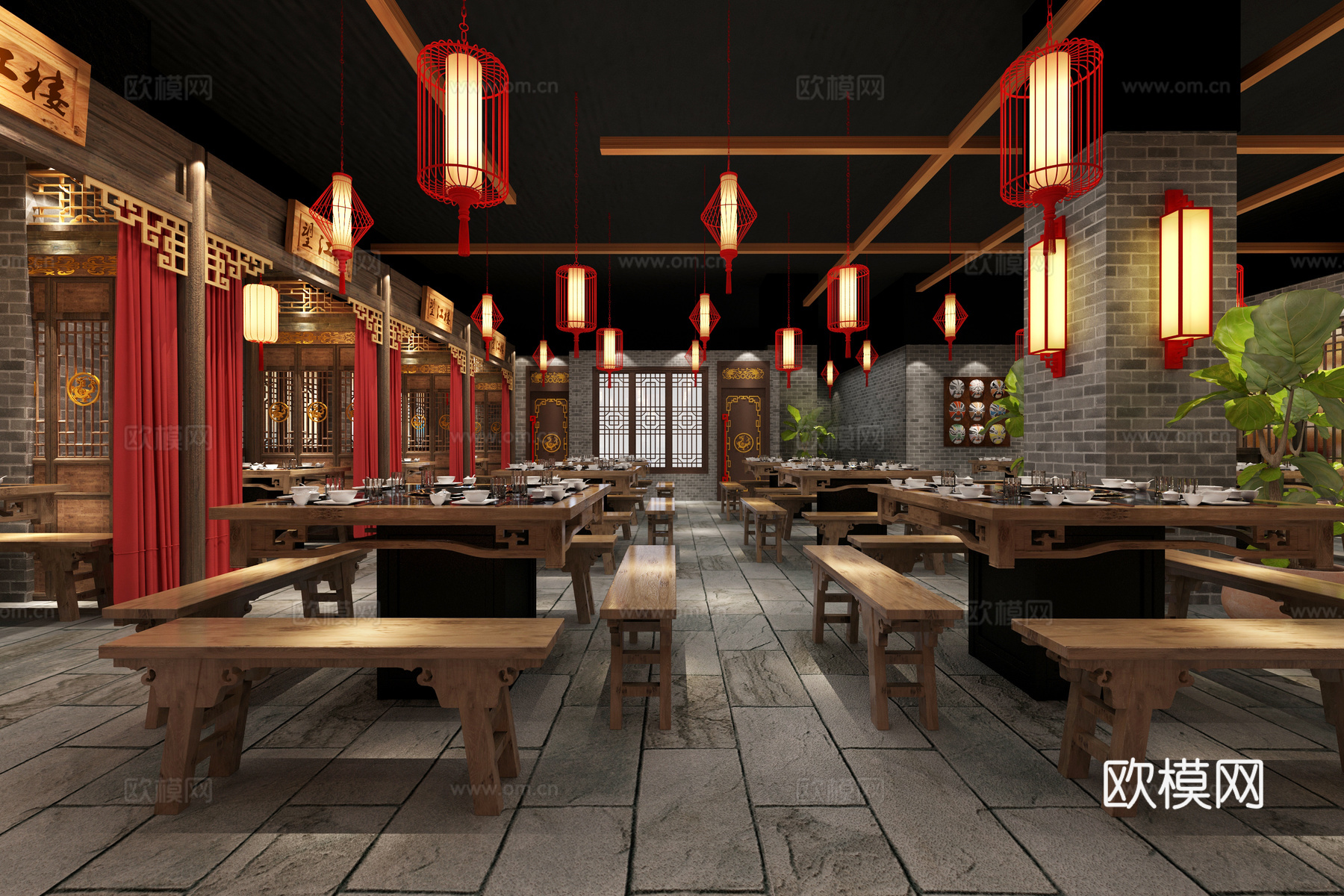 新中式主题火锅店 吊灯灯笼 壁灯 门 绿植 桌椅板凳 花3d模型下载（渲染图4）