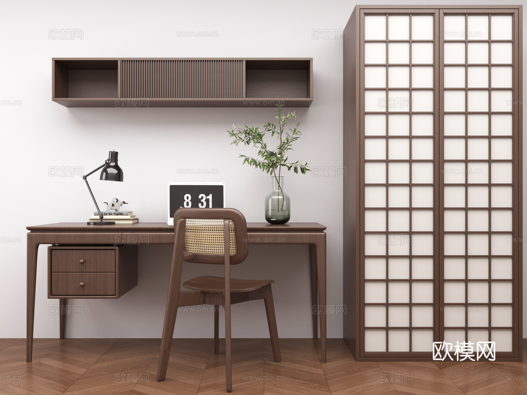 新中式书桌椅组合 摆件组合 书桌su模型