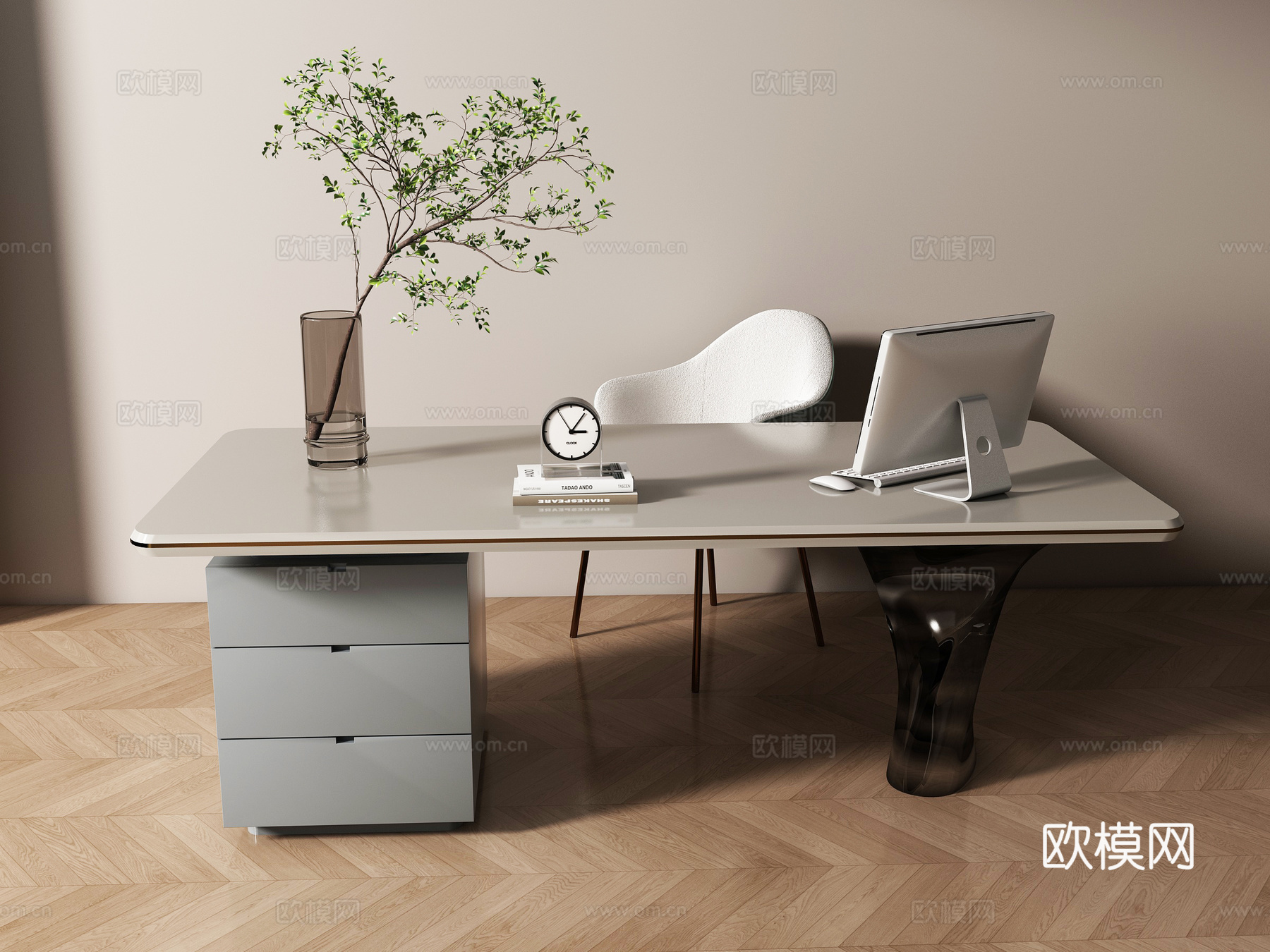 现代书桌椅组合 摆件组合 书桌su模型