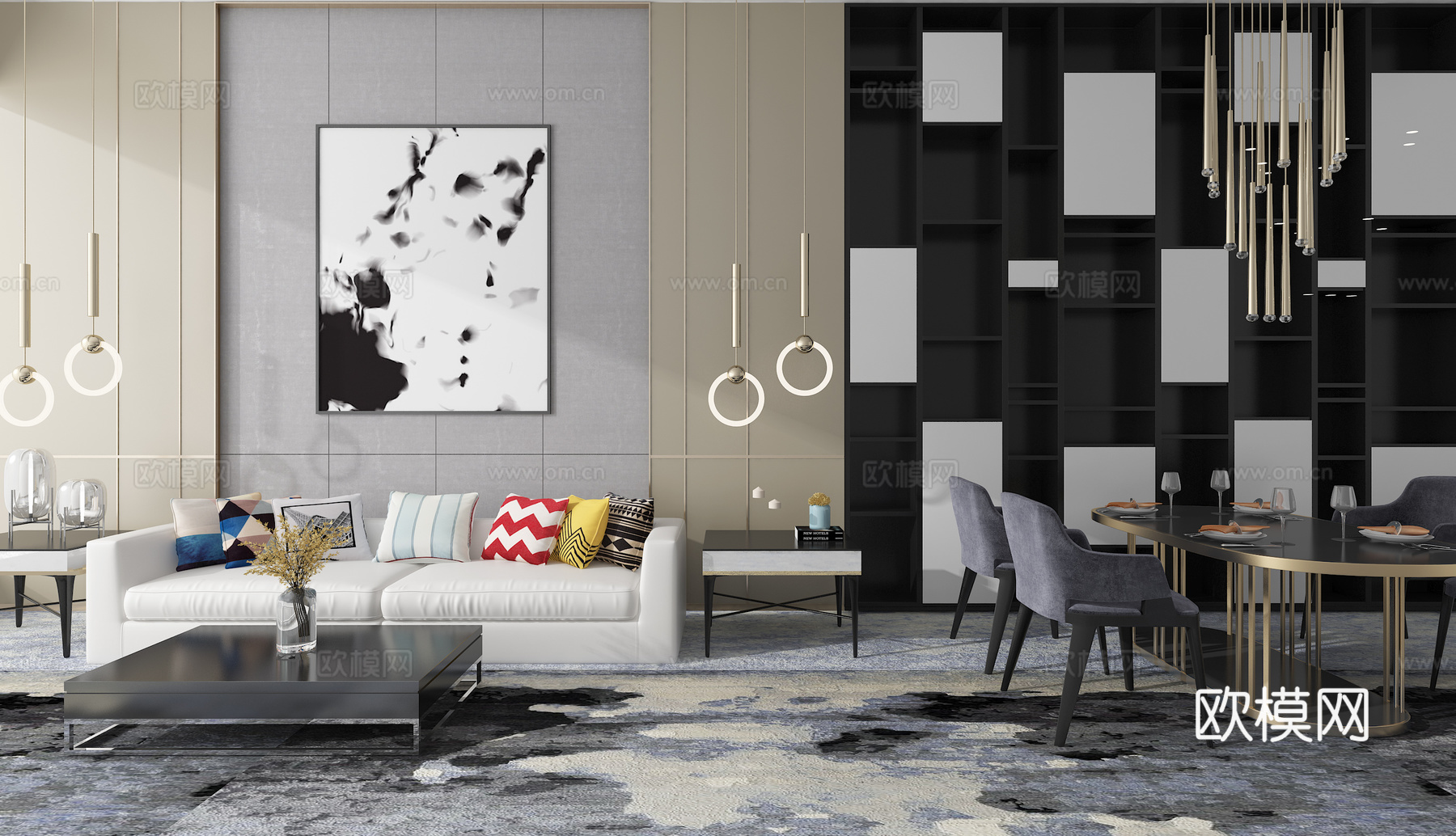 现代沙发书柜桌椅组合3d模型下载（渲染图2）