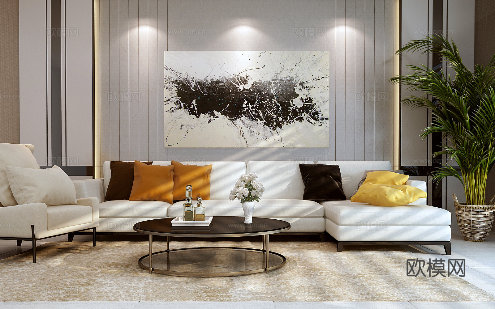 现代沙发茶几组合  沙发凳　挂画　北欧美式 转角沙发 现3d模型下载（渲染图2）