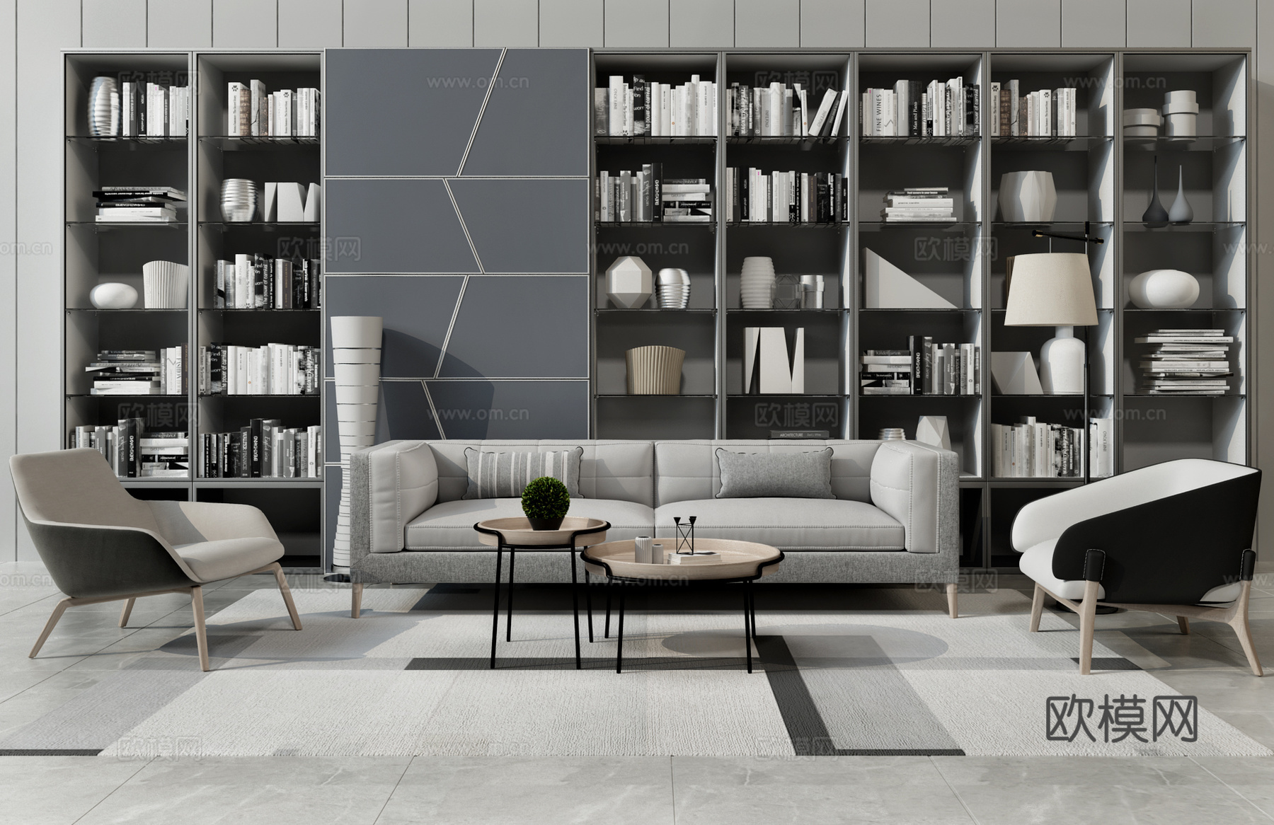现代沙发茶几书柜组合3d模型下载（渲染图1）