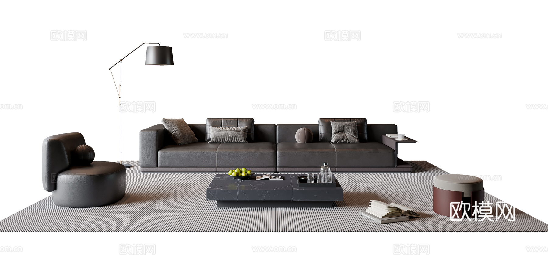 现代意式沙发茶几组合 多人沙发 皮质沙发 落地灯 地毯su模型