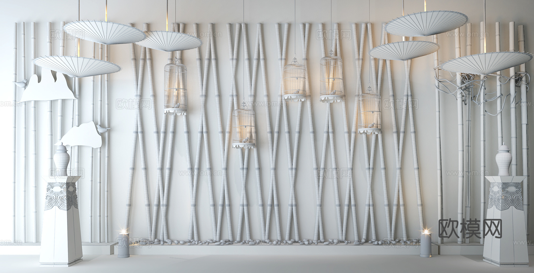 竹子 油纸伞 雨伞 边几 鸟笼 枯枝 花瓶3d模型下载（渲染图2）