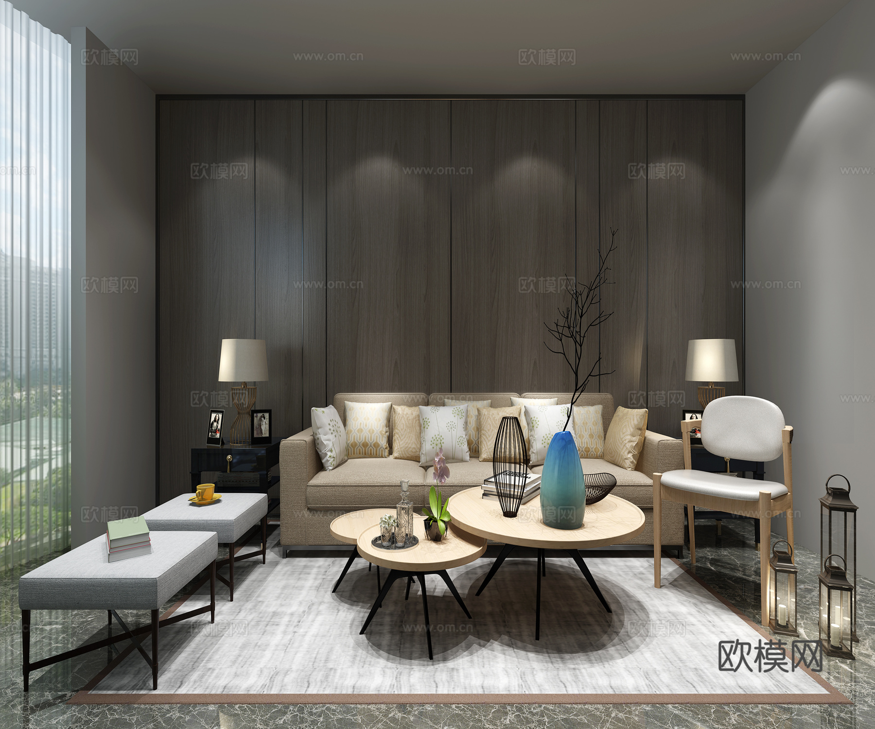 现代茶几沙发装饰品组合3d模型下载（渲染图2）