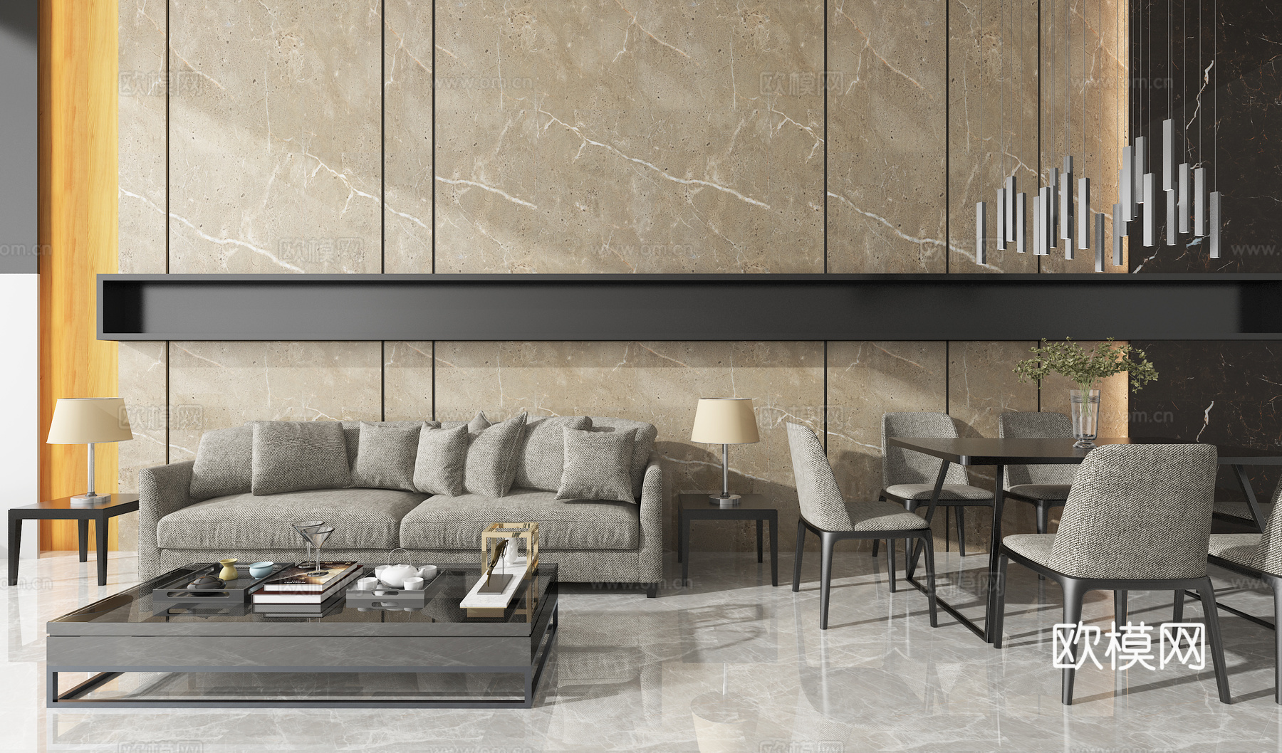现代沙发桌椅组合3d模型下载（渲染图1）