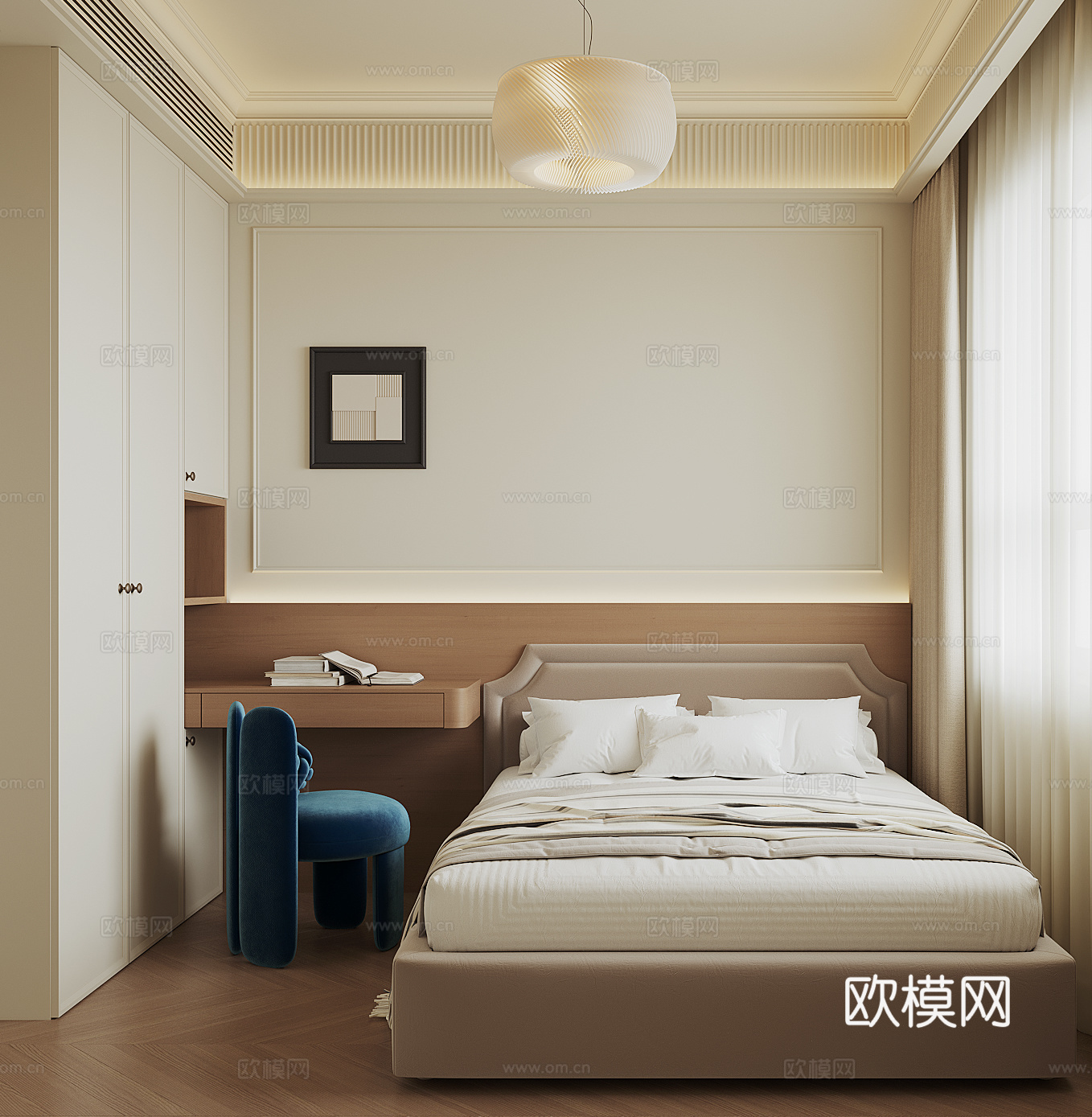 现代奶油风卧室su模型