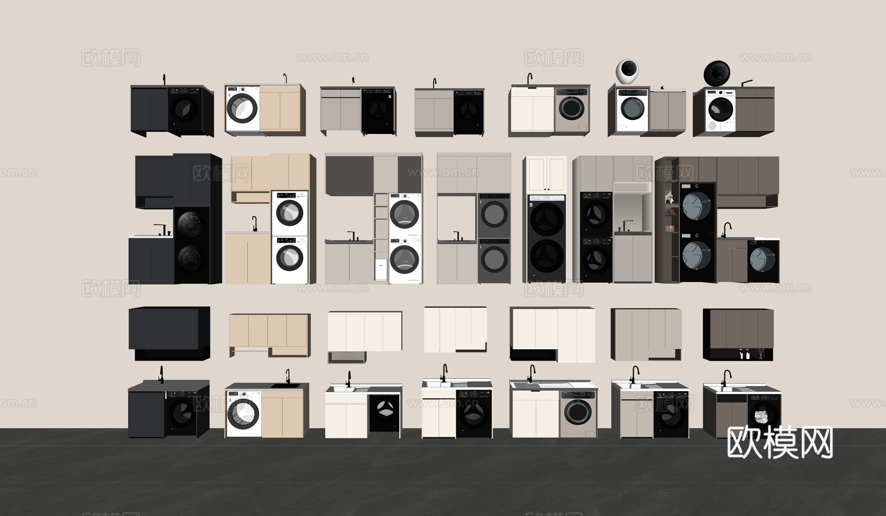 现代洗衣机柜 洗衣机 烘干机 洗手台 壁挂洗衣机 阳台洗衣机su模型