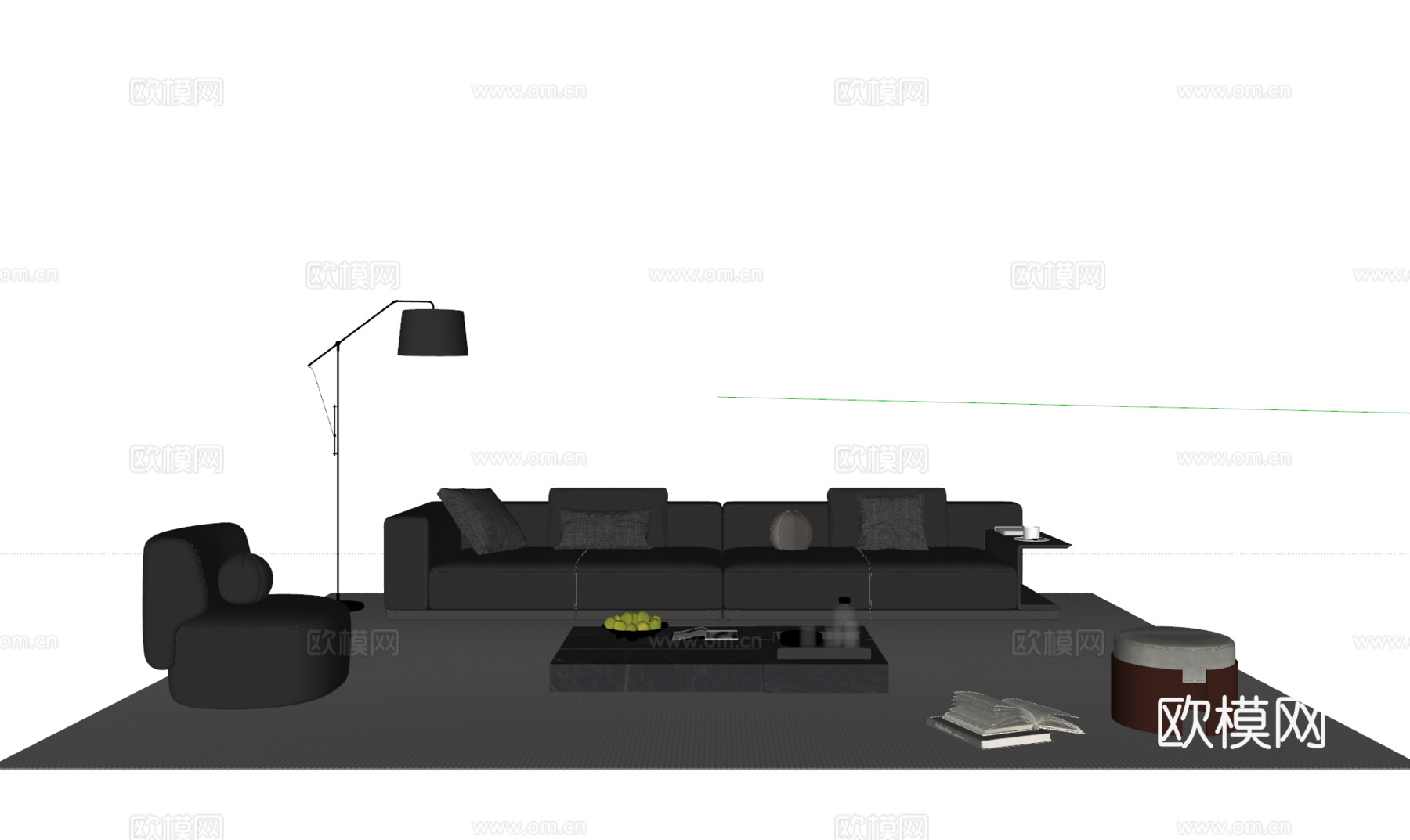 现代意式沙发茶几组合 多人沙发 皮质沙发 落地灯 地毯su模型