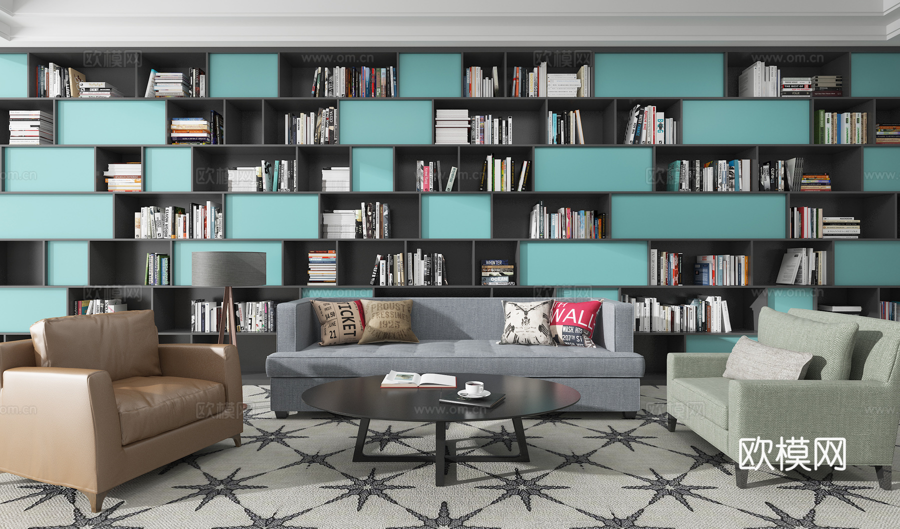 北欧沙发书柜组合3d模型下载（渲染图2）