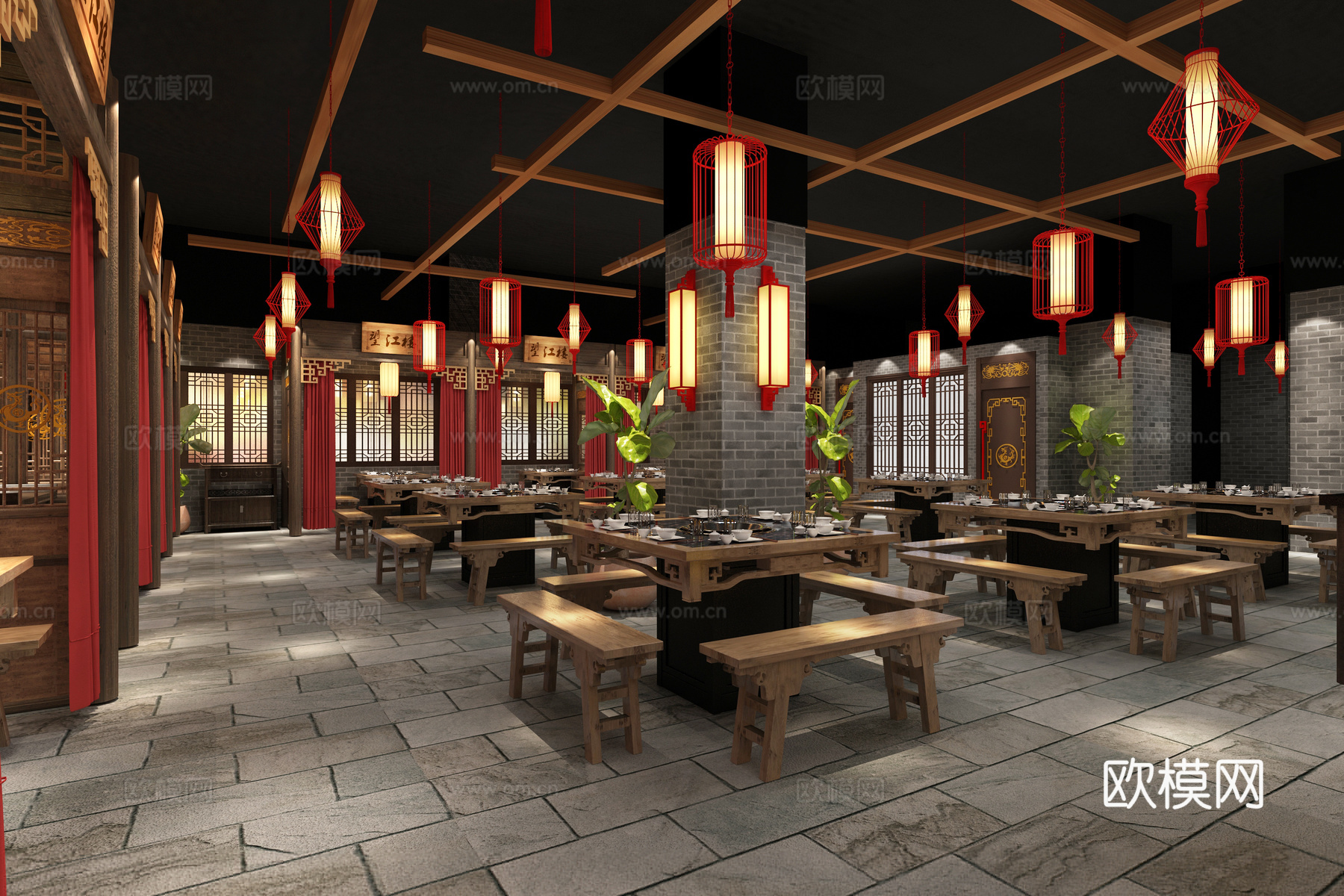 新中式主题火锅店 吊灯灯笼 壁灯 门 绿植 桌椅板凳 花3d模型下载（渲染图3）