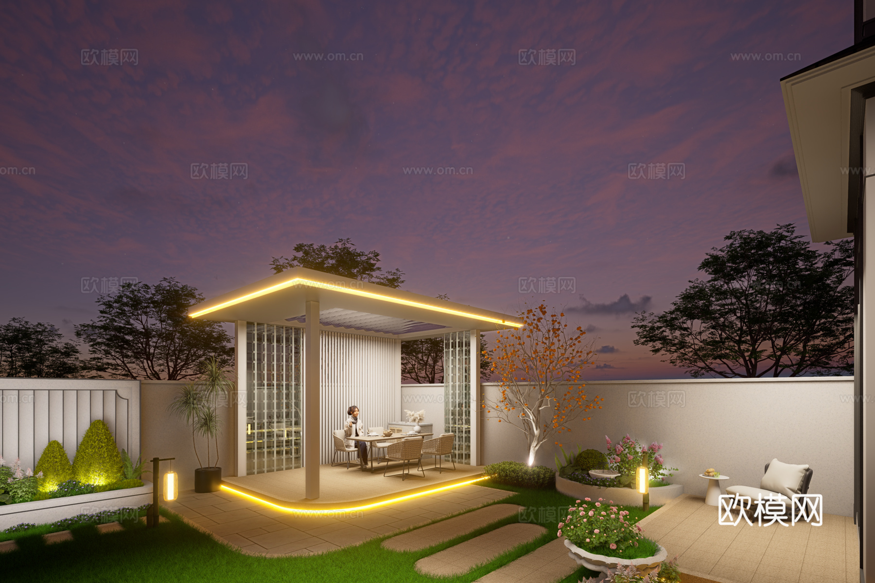 法式庭院、景墙、凉亭、水景su模型