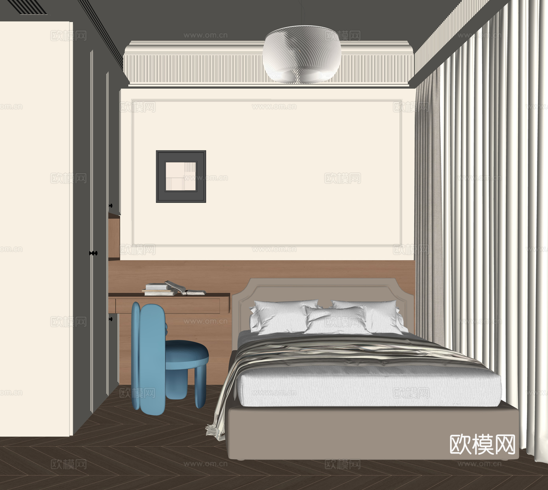 现代奶油风卧室su模型