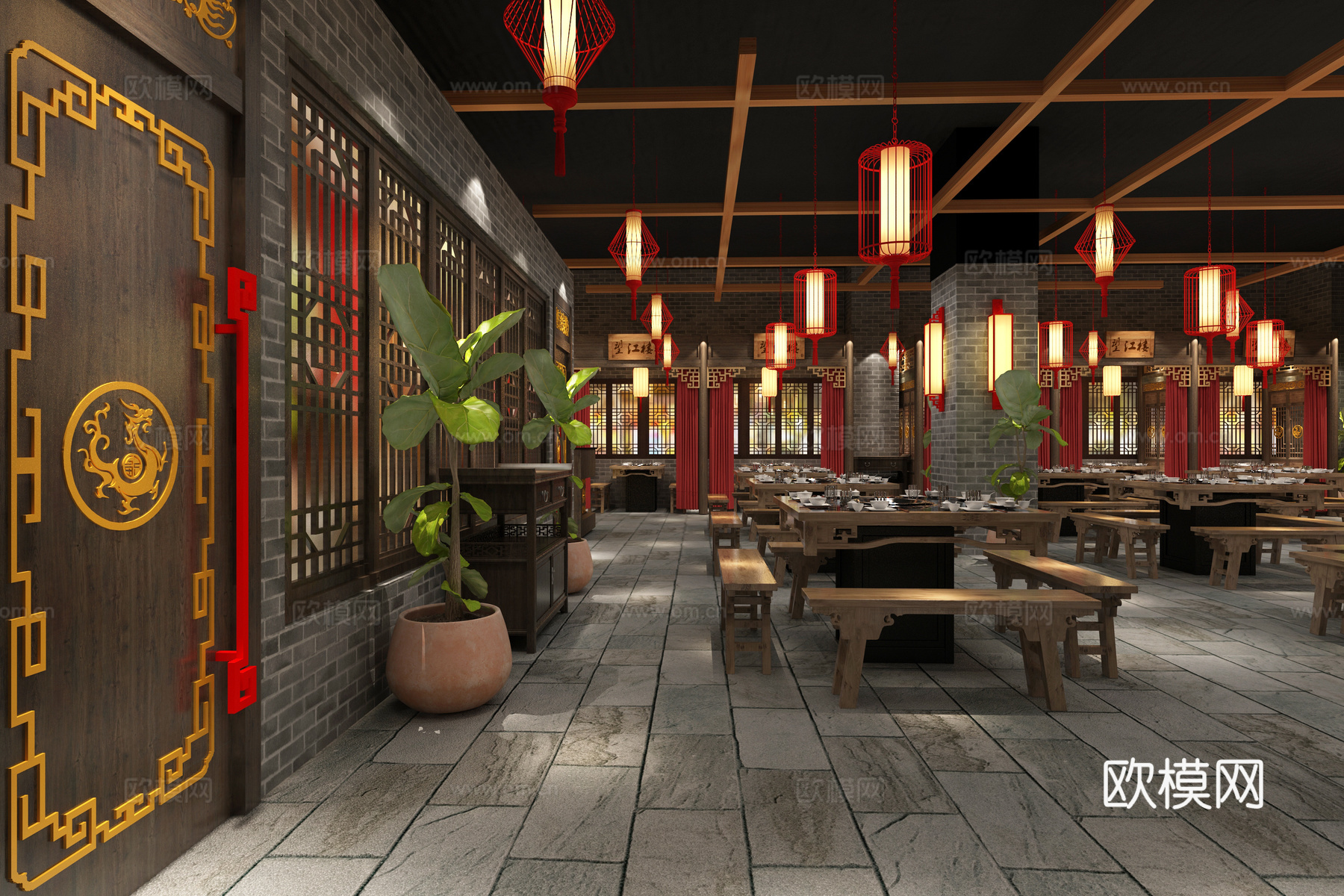 新中式主题火锅店 吊灯灯笼 壁灯 门 绿植 桌椅板凳 花3d模型下载（渲染图1）