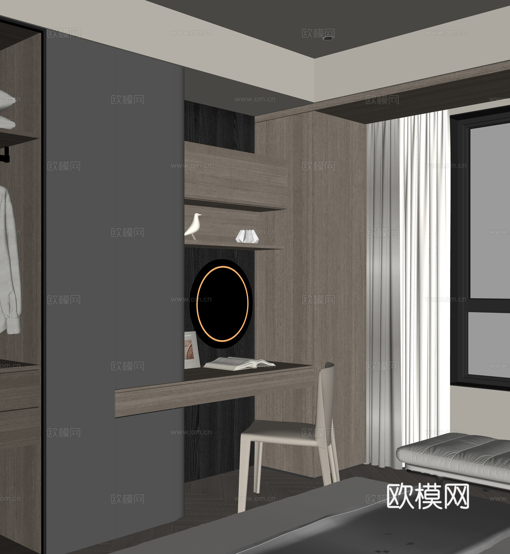 现代书桌一体柜su模型