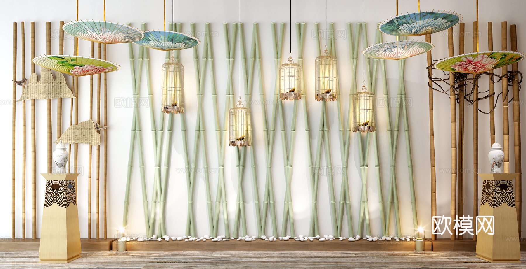 竹子 油纸伞 雨伞 边几 鸟笼 枯枝 花瓶3d模型下载（渲染图3）
