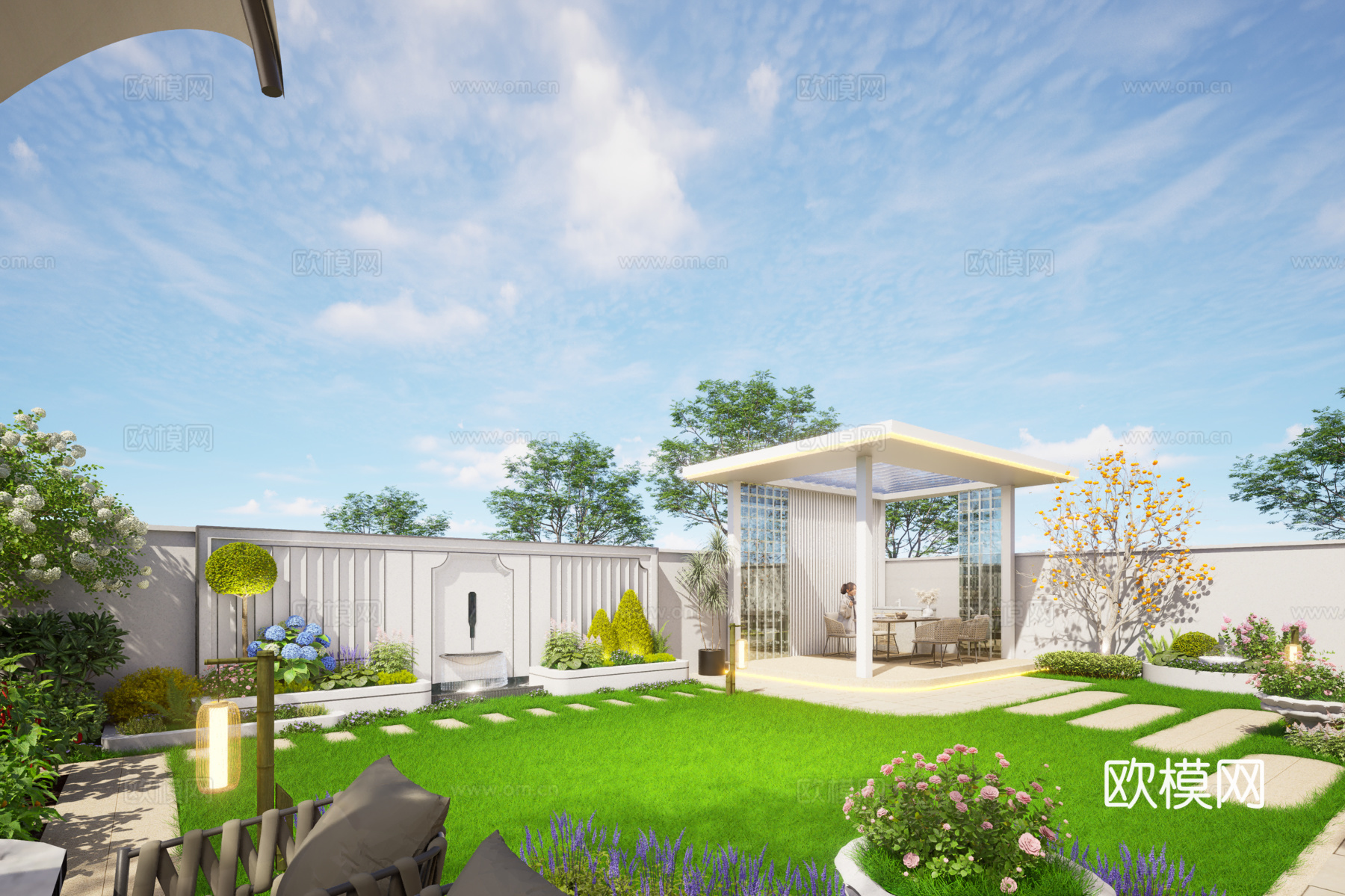 法式庭院、景墙、凉亭、水景su模型