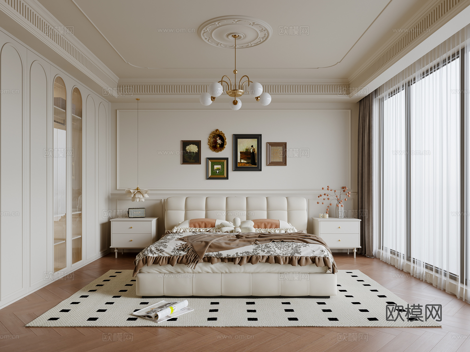 法式奶油风卧室 布艺双人床 床头柜 吊灯 挂画 地毯su模型